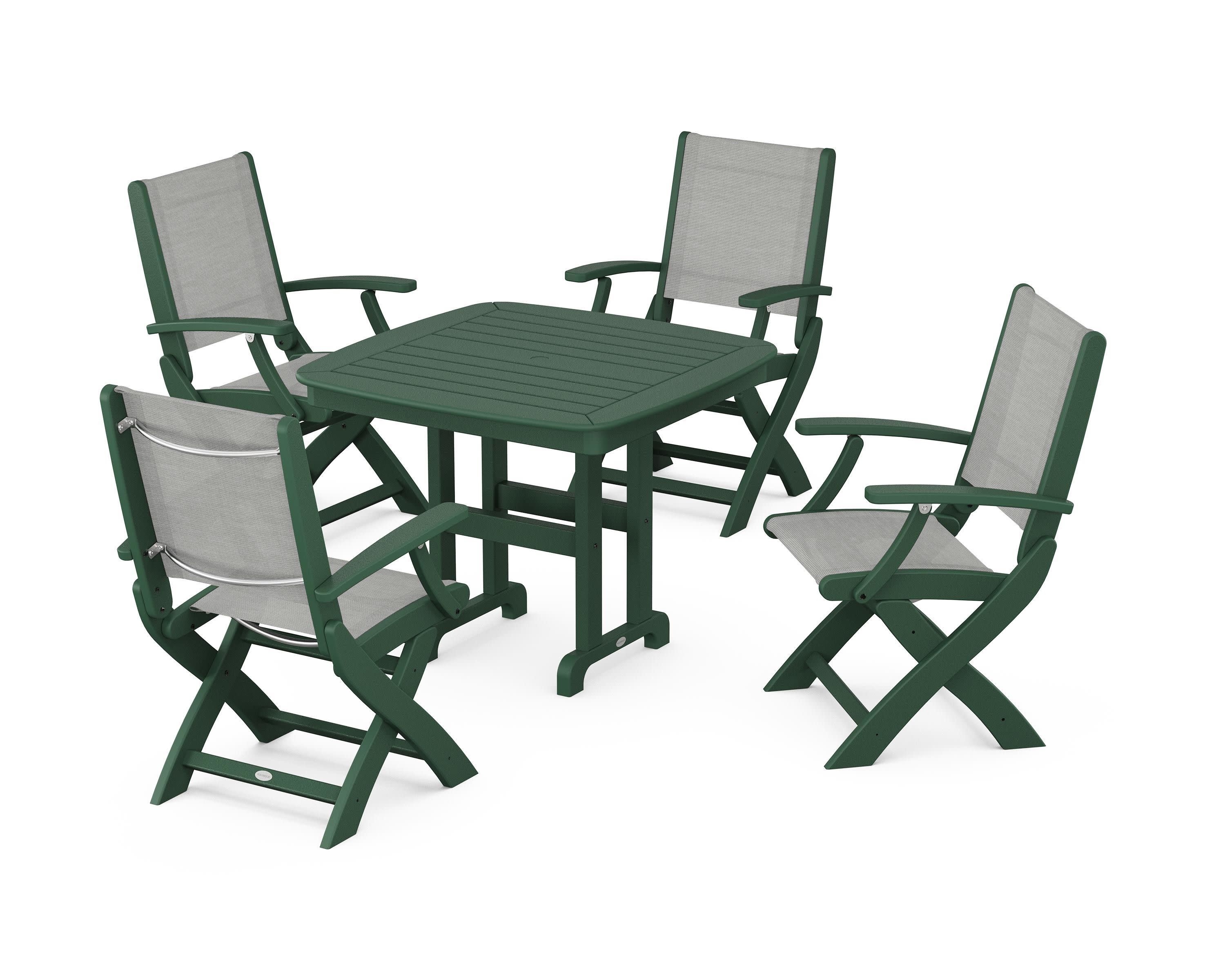 Coastal Folding Chair 5-Piece Dining Set in Green / Metallic Sling