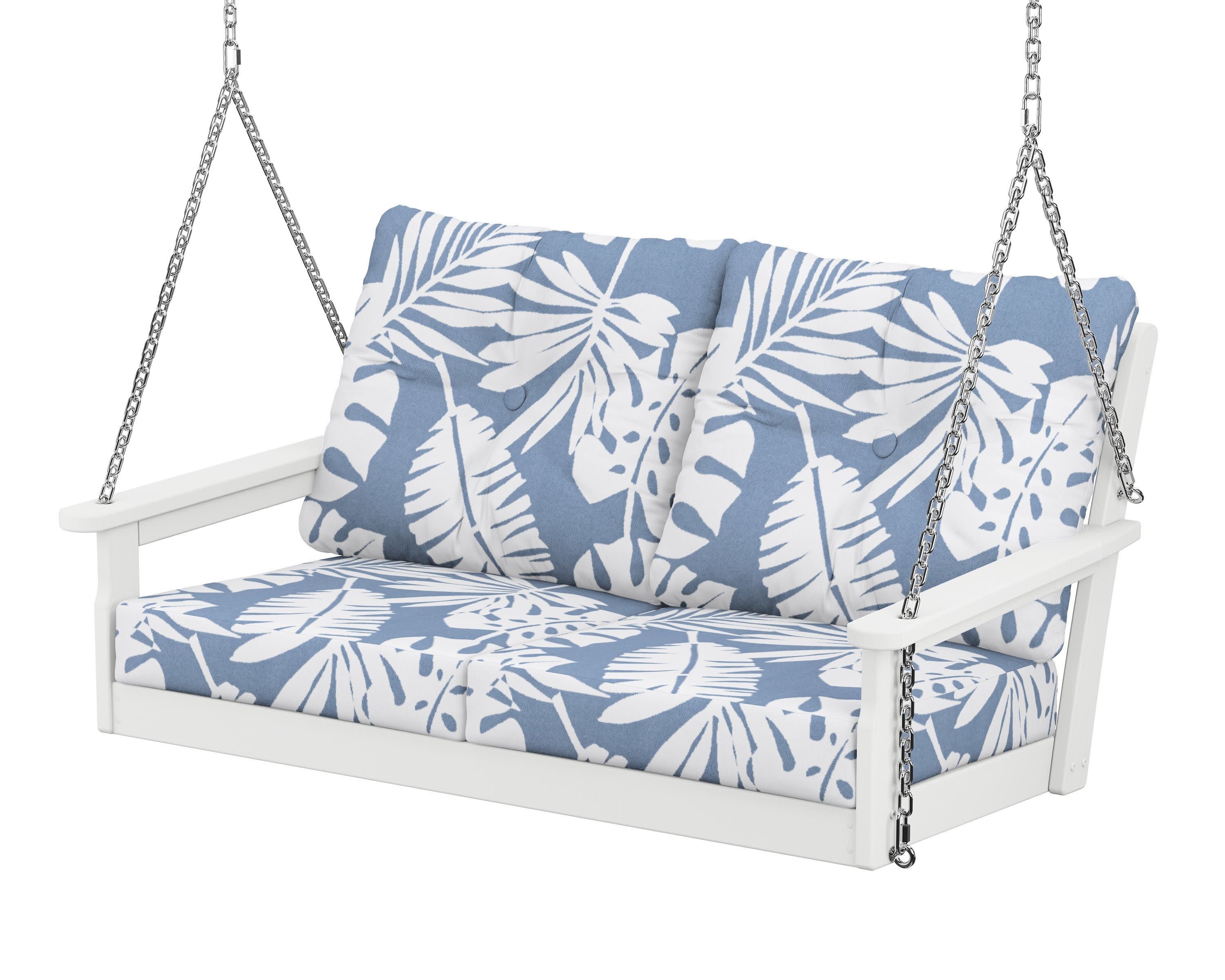 Vineyard Deep Seating Swing in White / Leaf Sky Blue