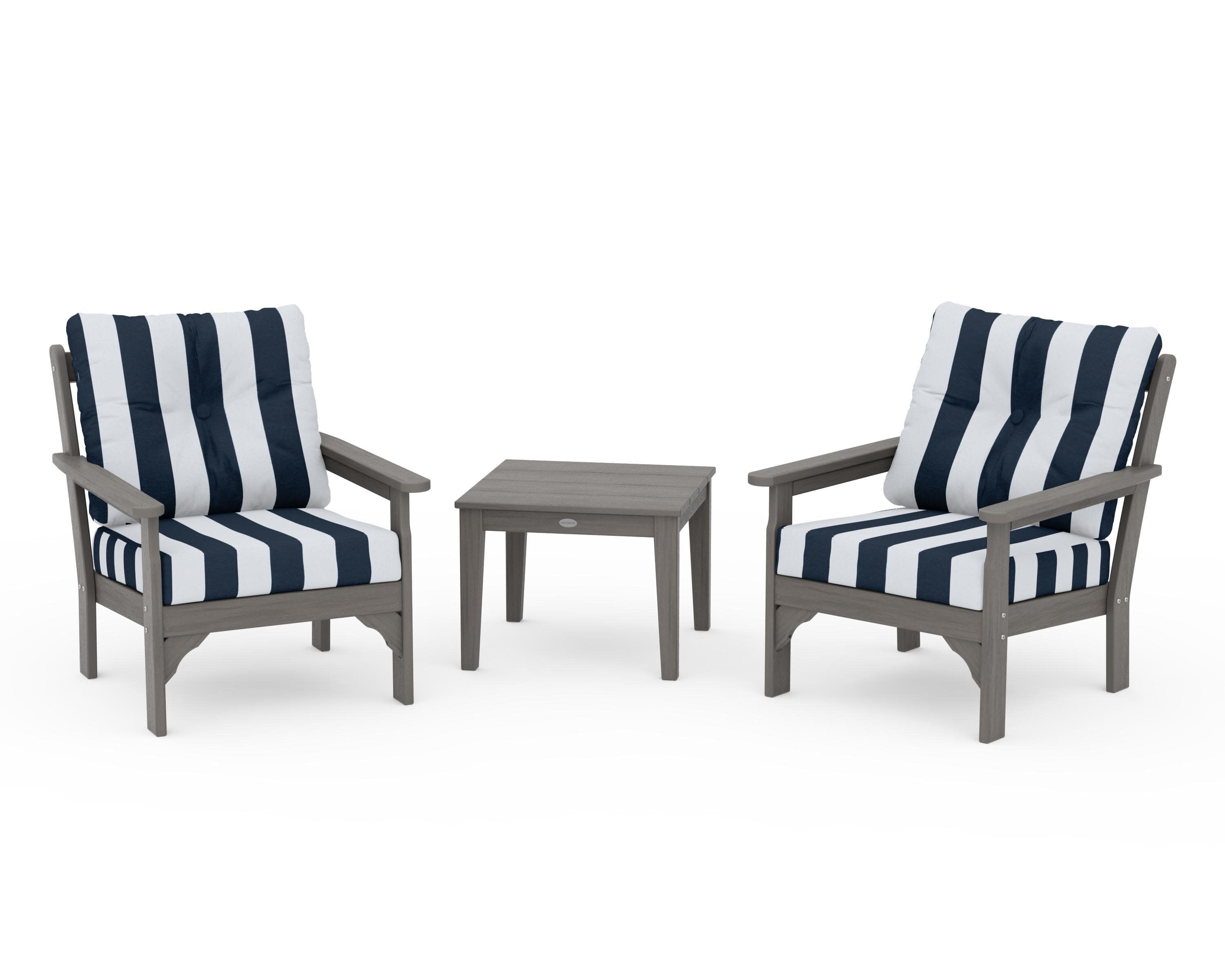 Vineyard 3-Piece Deep Seating Set in Driftwood / Cabana Stripe Marine Indigo