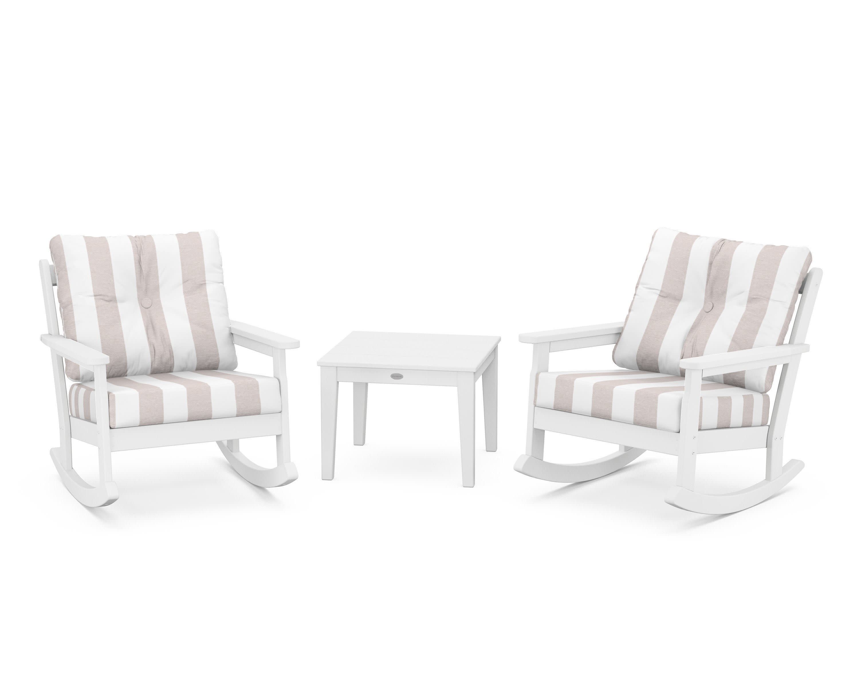 Vineyard 3-Piece Deep Seating Rocker Set in White / Cabana Stripe Dune Burlap
