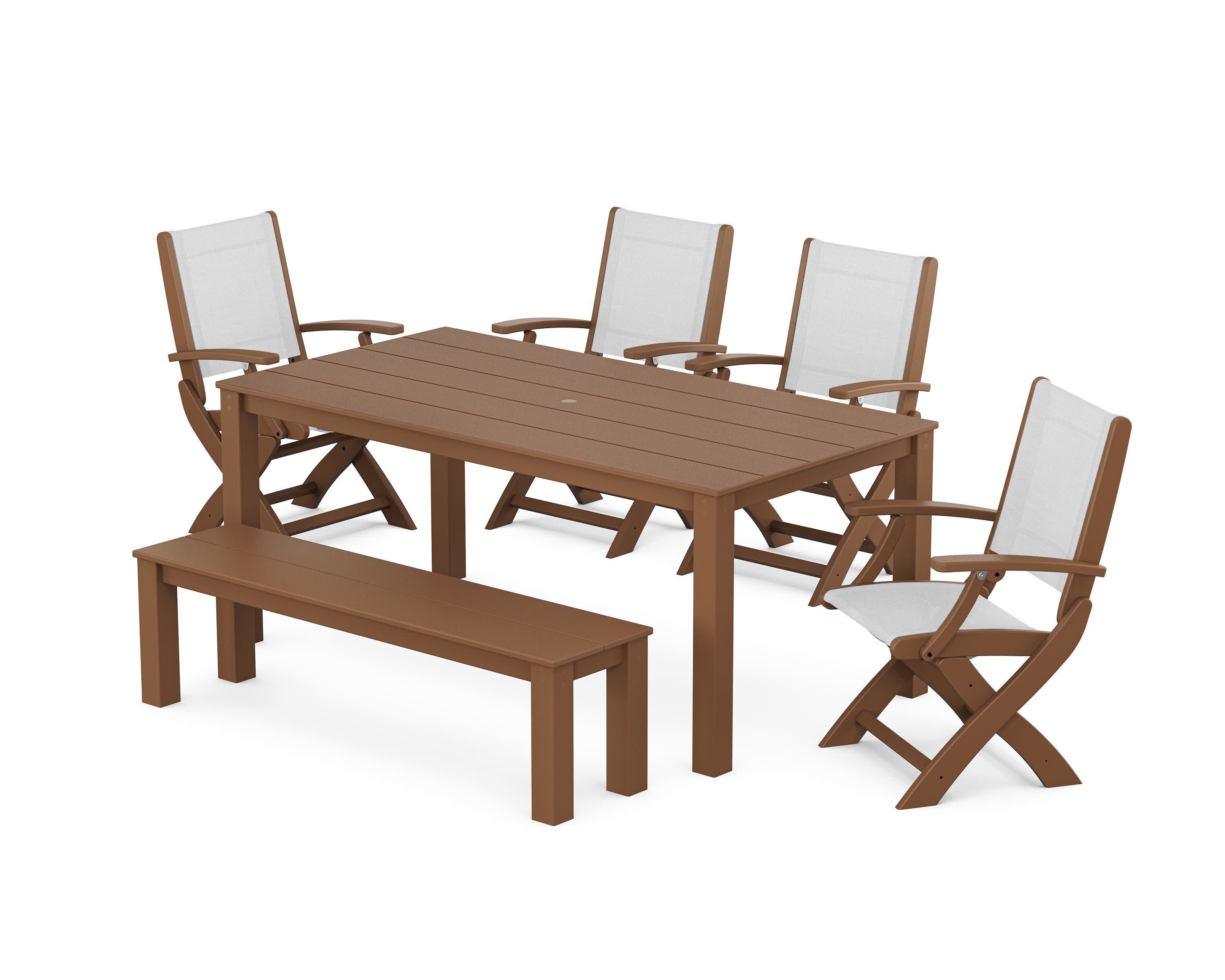 Coastal Folding Chair 6-Piece Parsons Dining Set with Bench in Teak / White Sling