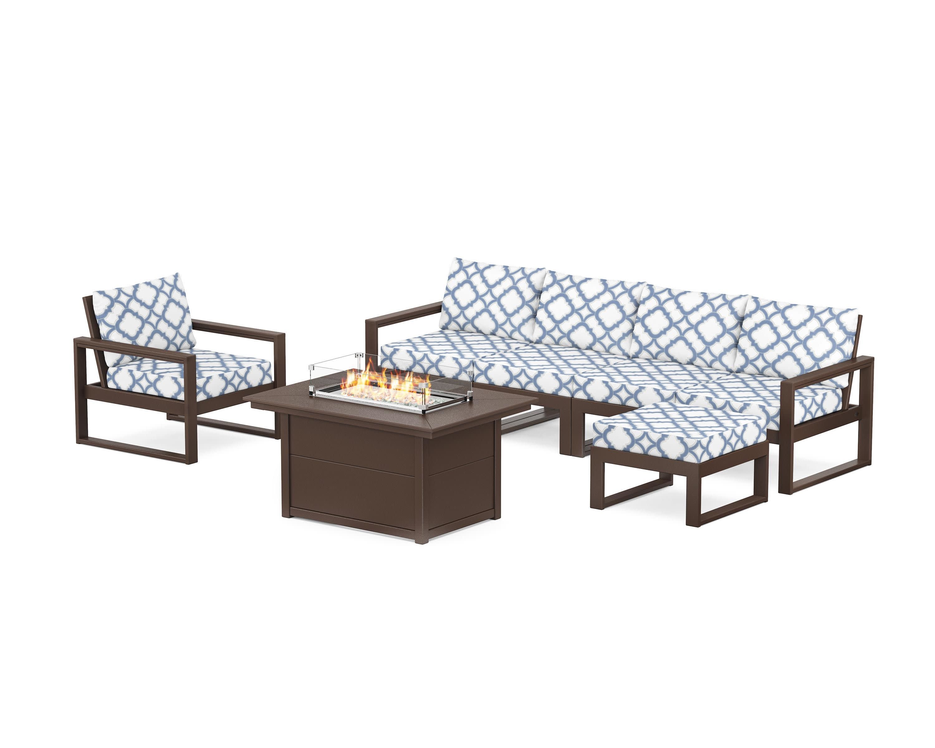 EDGE Sectional Lounge and Fire Pit Set in Mahogany / Trellis Sky Blue