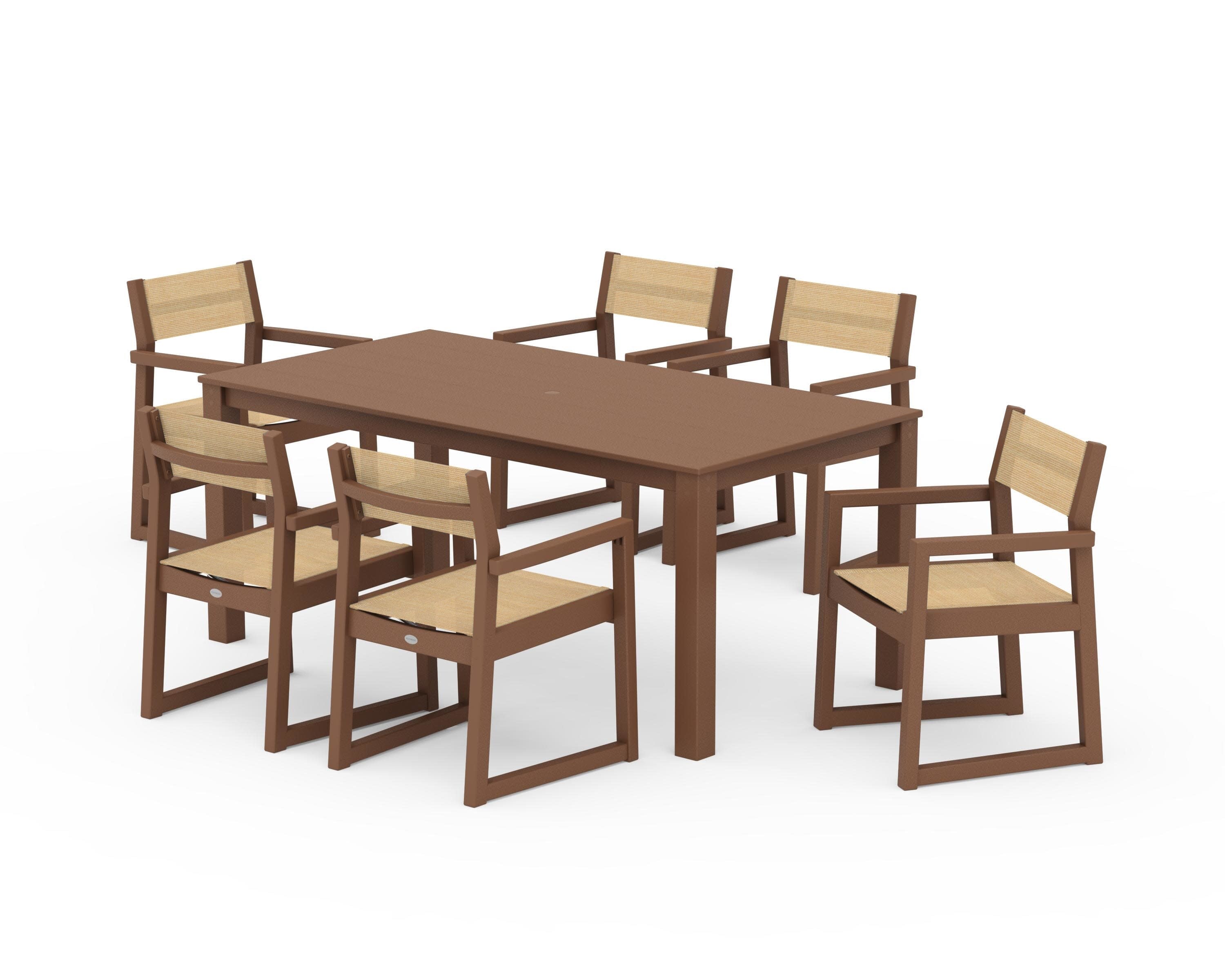 EDGE Sling Arm Chair 7-Piece Parsons Dining Set in Teak / Dupioni Apricot Sling