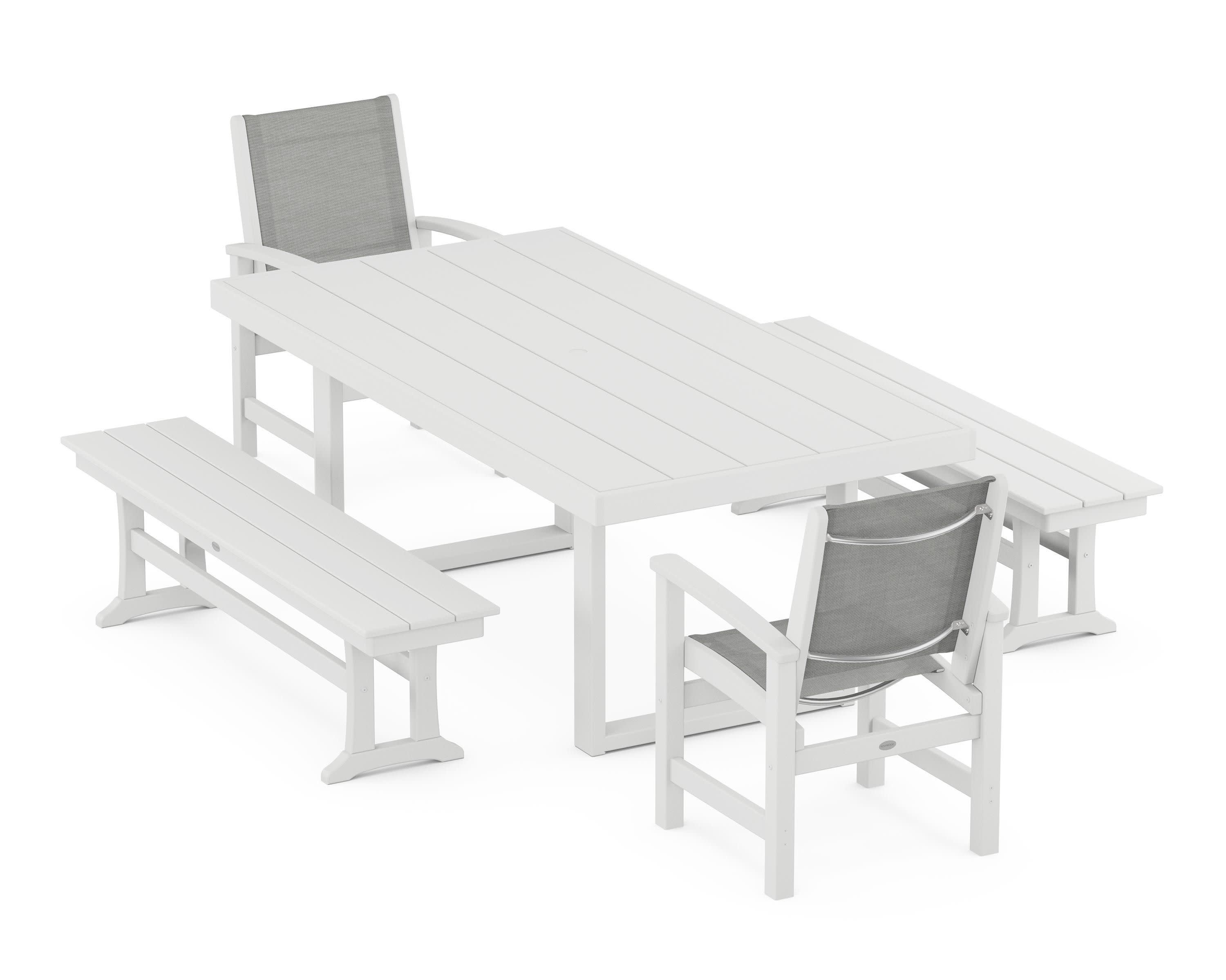 Coastal 5-Piece Dining Set with Trestle Legs in White / Metallic Sling