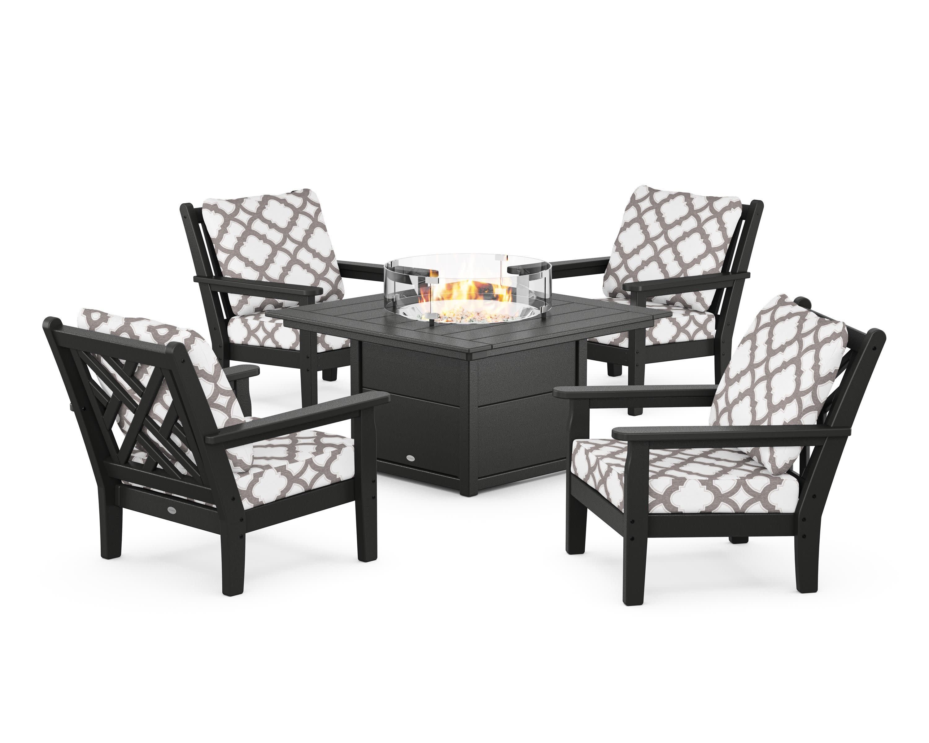 Chippendale 5-Piece Deep Seating Set with Fire Pit Table in Black / Trellis Grey Mist
