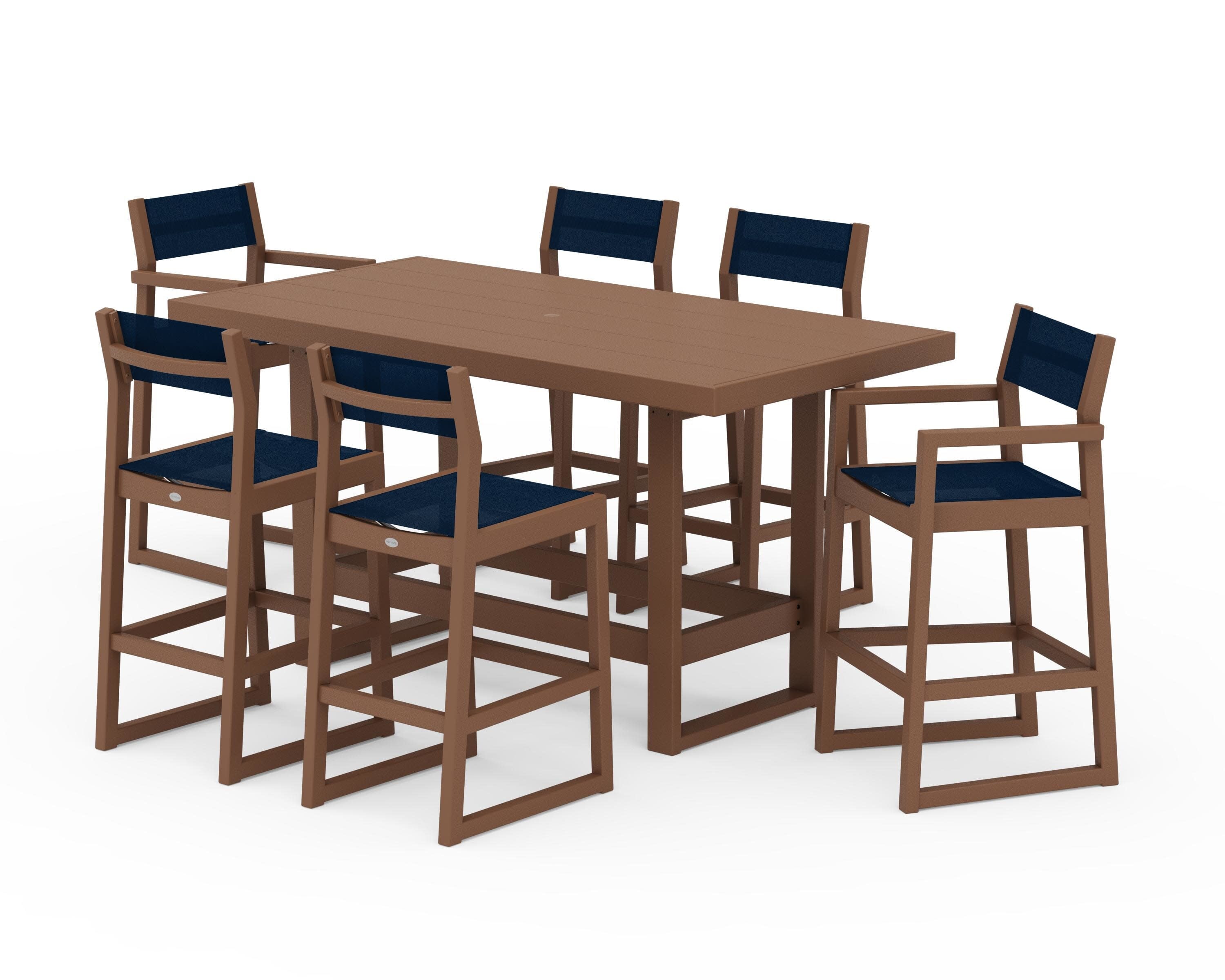 EDGE Sling 7-Piece Bar Table Set in Teak / Navy Blue Sling