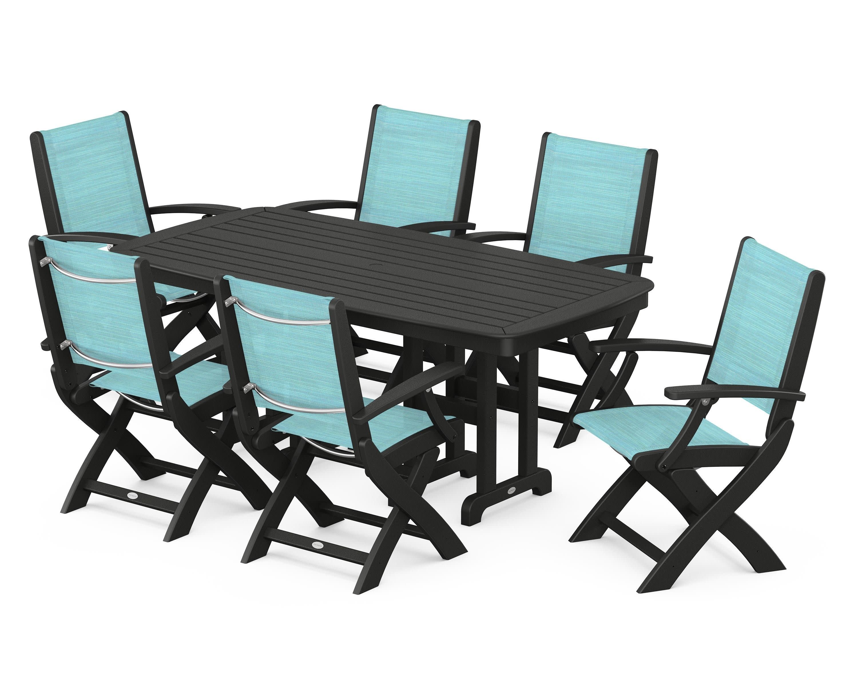 Coastal Folding Arm Chair 7-Piece Dining Set in Black / Dupioni Aquamarine Sling