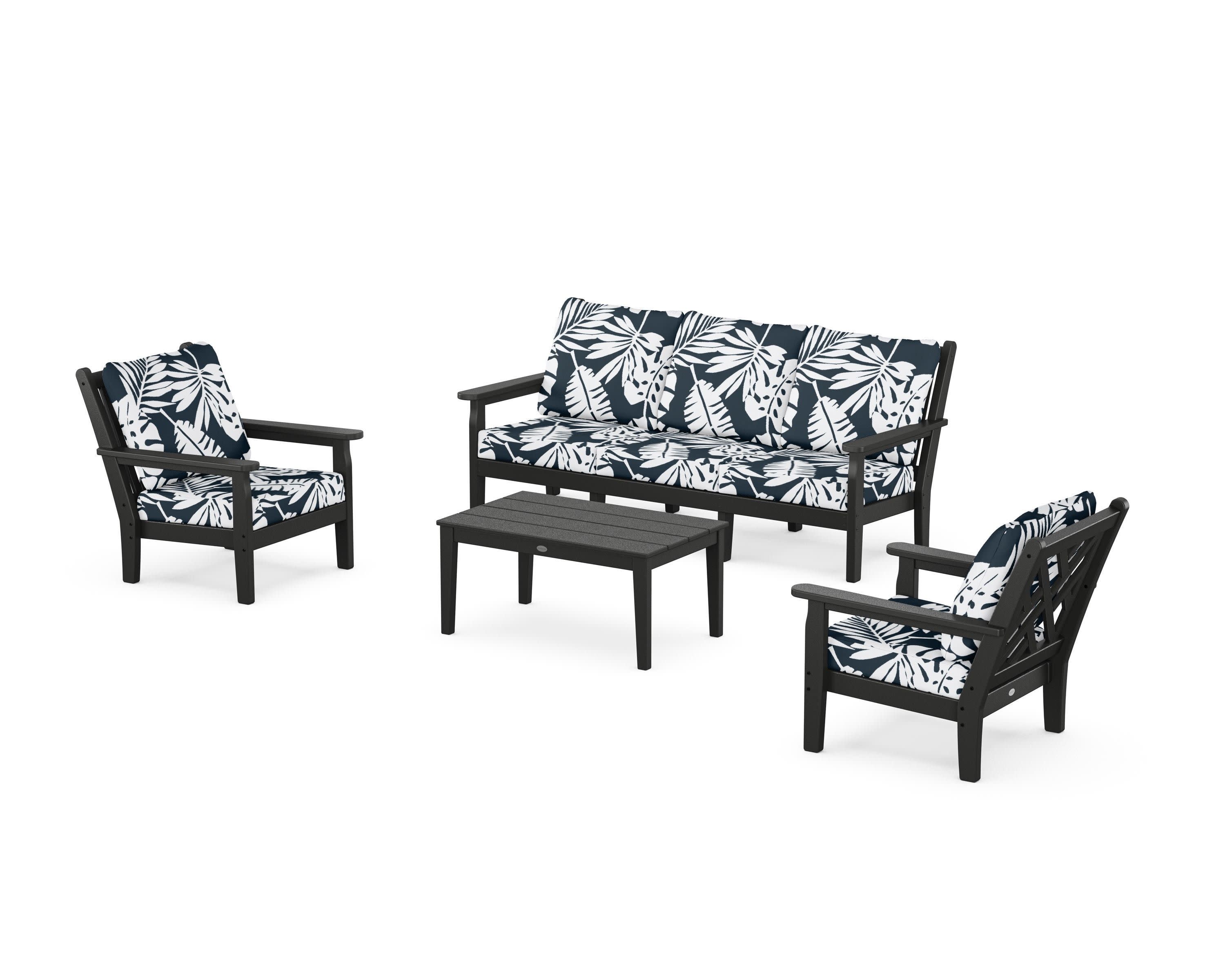 Chippendale 4-Piece Deep Seating Set with Sofa in Black / Leaf Marine Indigo
