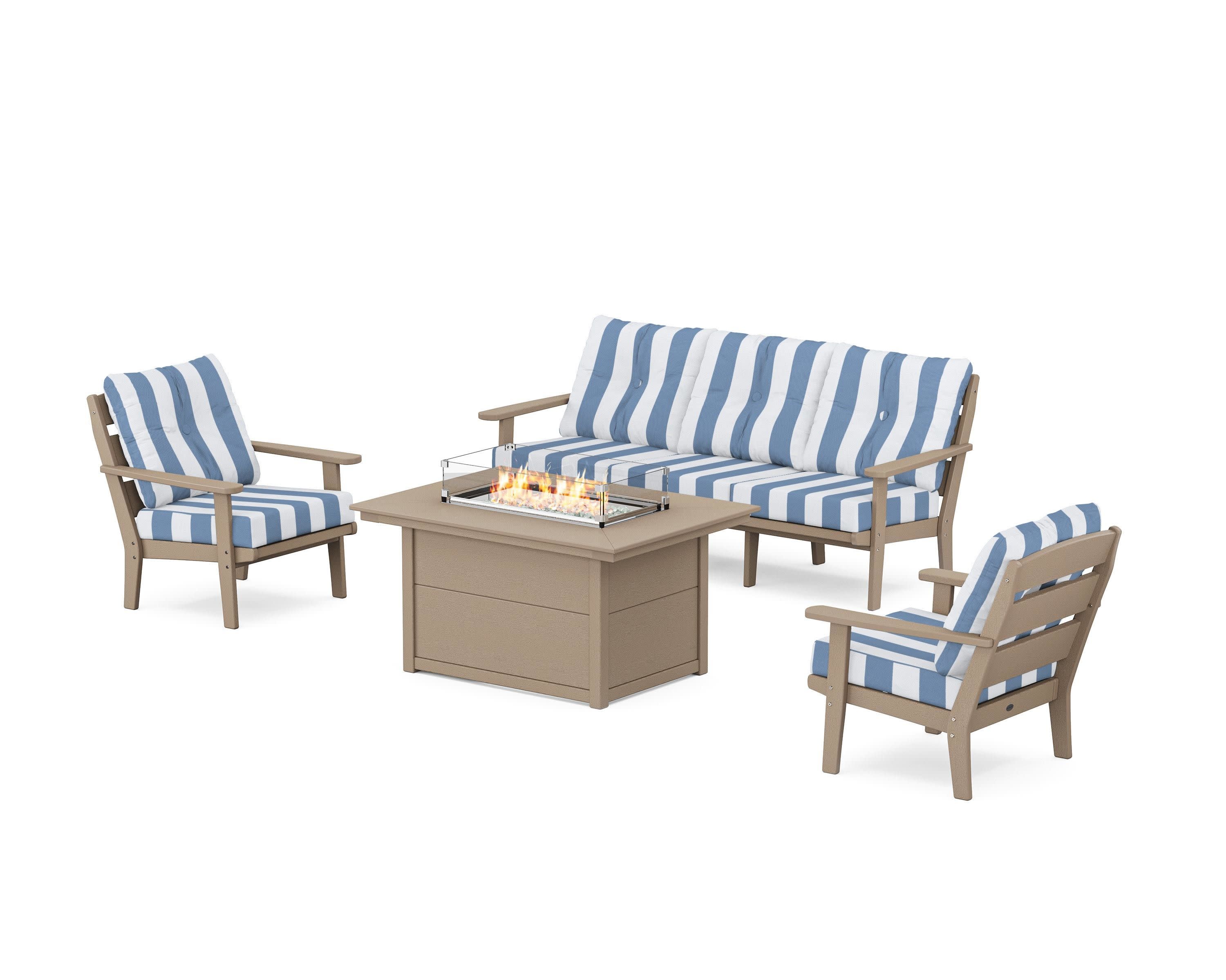 Lakeside Deep Seating Fire Pit Table Set in Vintage Sahara / Cabana Stripe Sky Blue