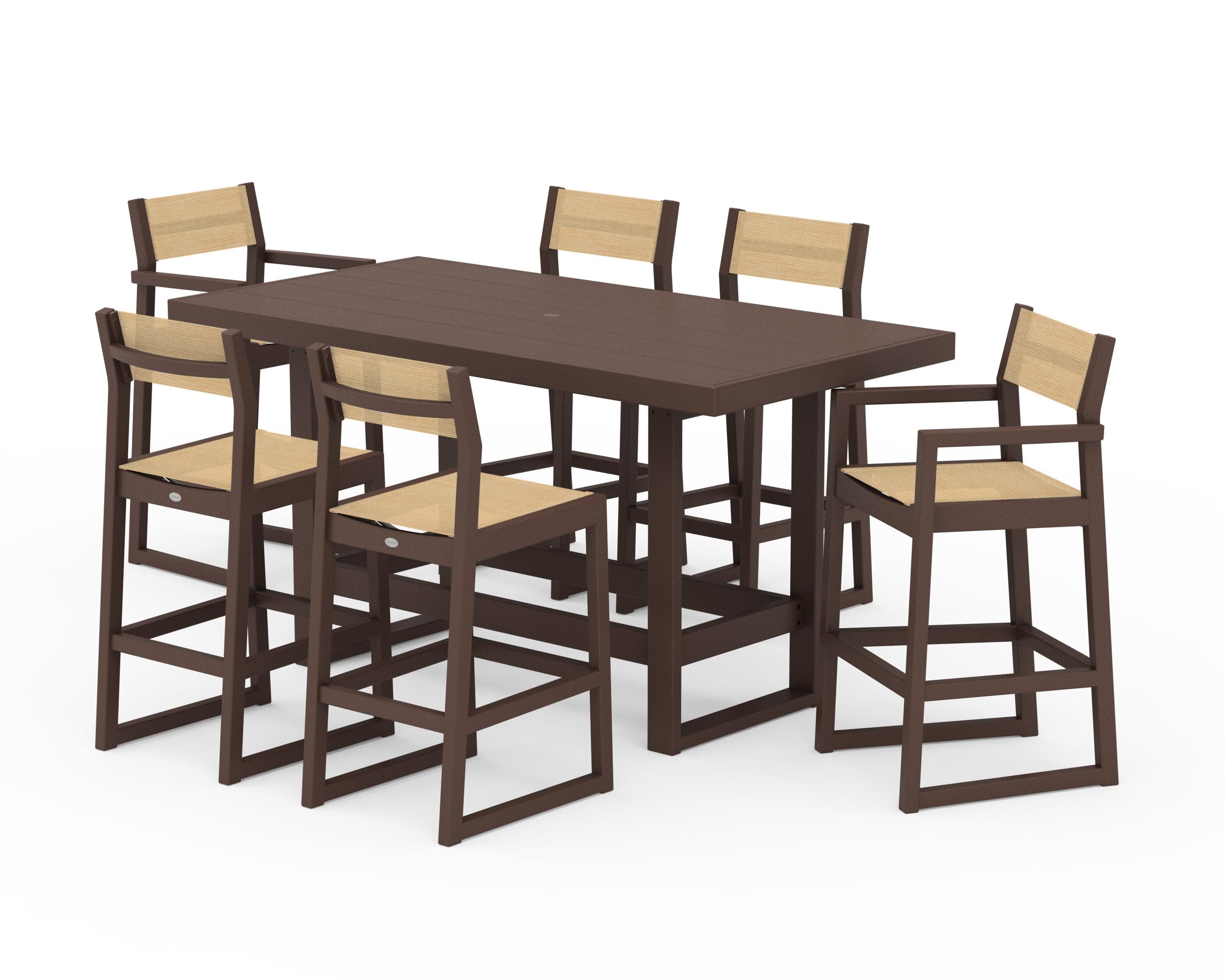 EDGE Sling 7-Piece Bar Table Set in Mahogany / Dupioni Apricot Sling