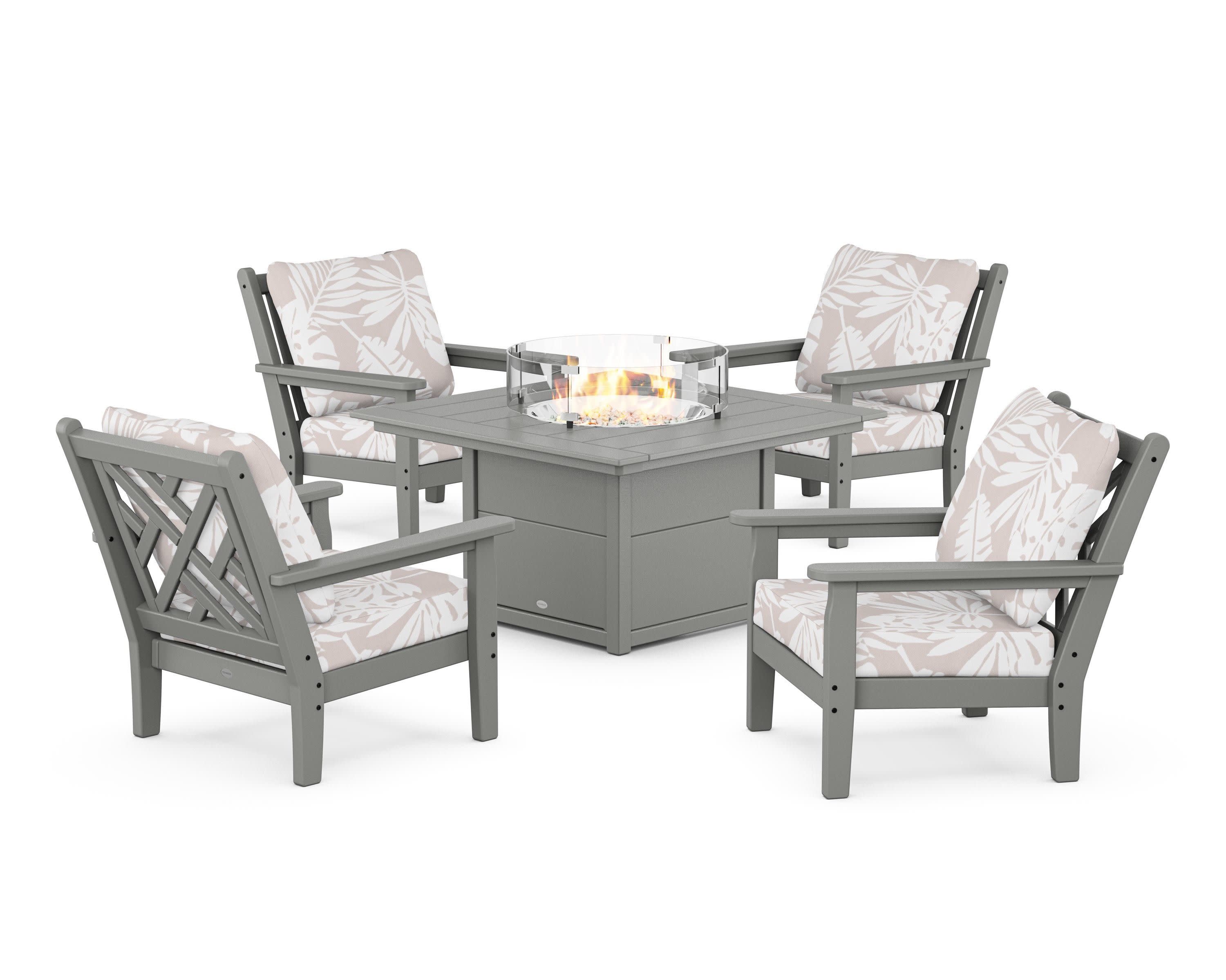 Chippendale 5-Piece Deep Seating Set with Fire Pit Table in Slate Grey / Leaf Dune Burlap