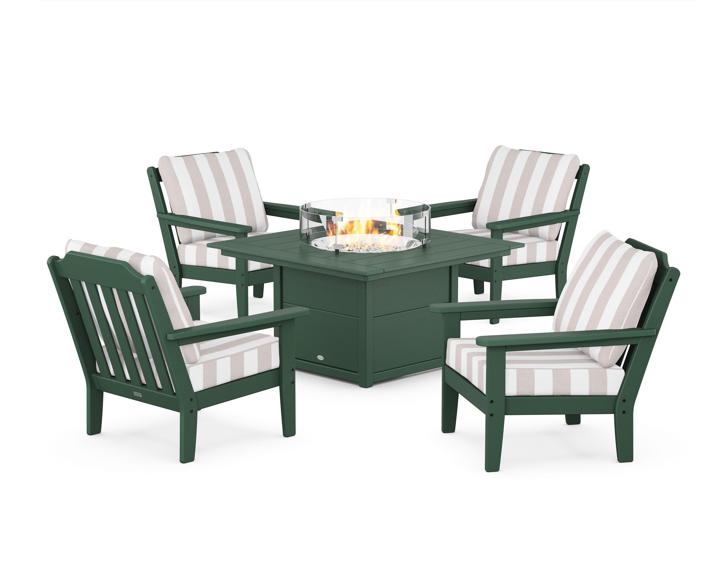 Cottage 5-Piece Deep Seating Set with Fire Pit Table in Green / Cabana Stripe Dune Burlap