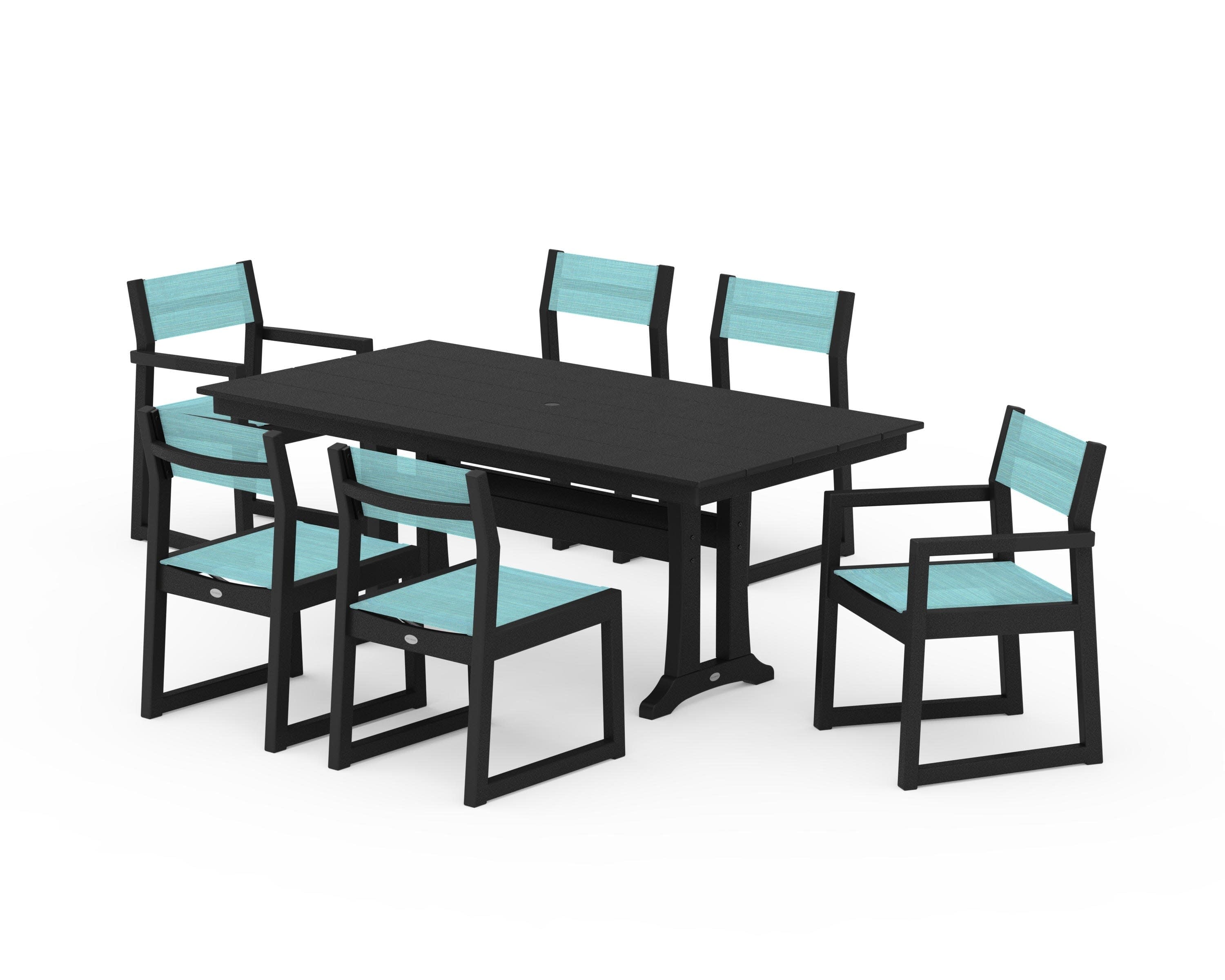 EDGE Sling 7-Piece Farmhouse Trestle Dining Set in Black / Dupioni Aquamarine Sling