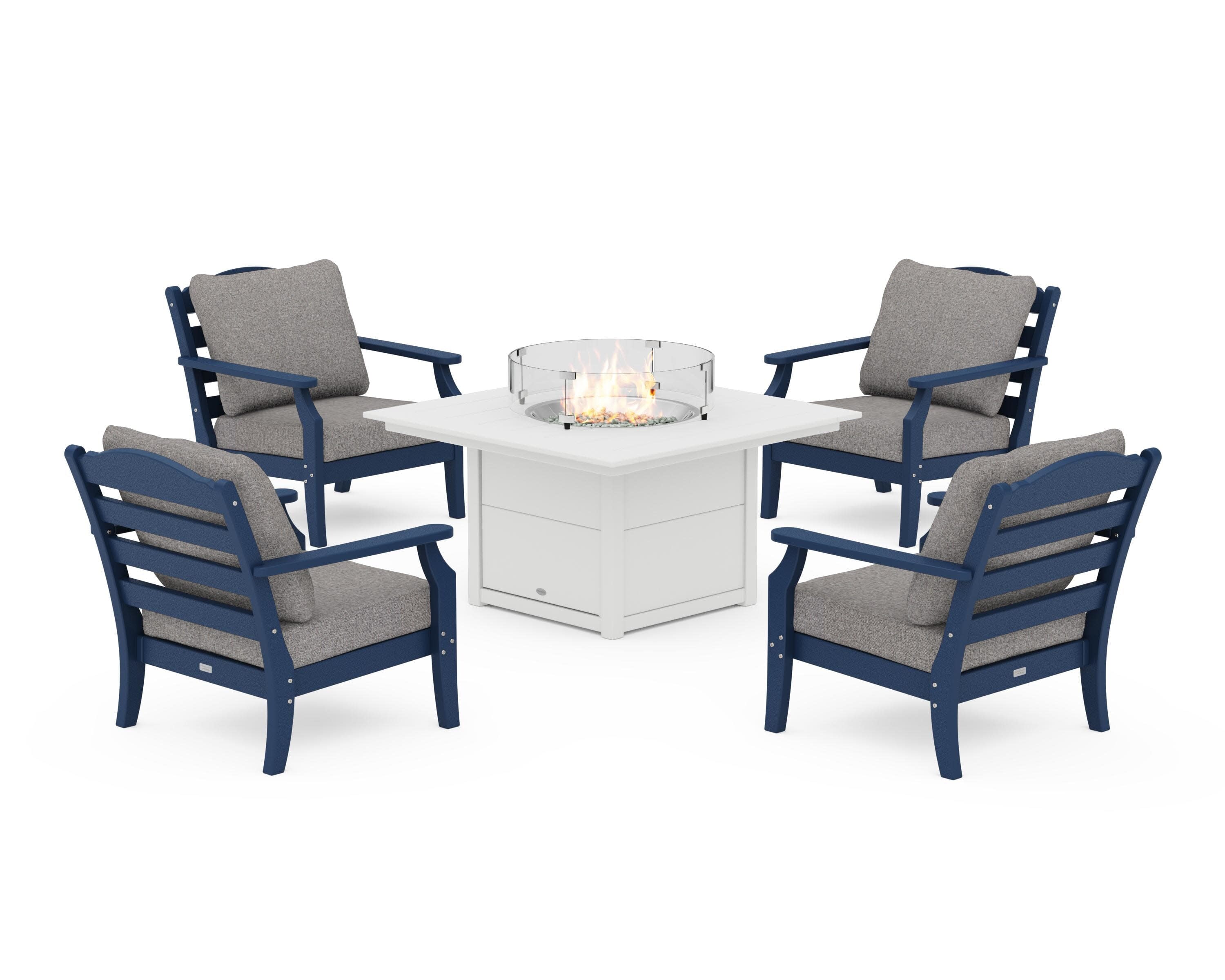Savannah 5-Piece Deep Seating Set with Fire Pit Table in Navy / Grey Mist