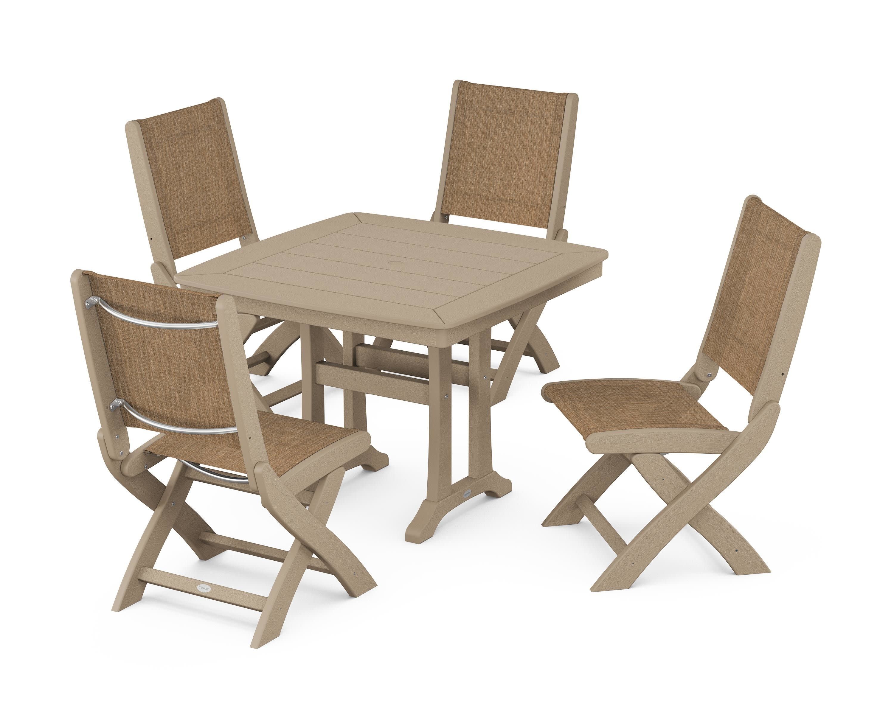 Coastal Folding Side Chair 5-Piece Dining Set with Trestle Legs in Vintage Sahara / Burlap Sling