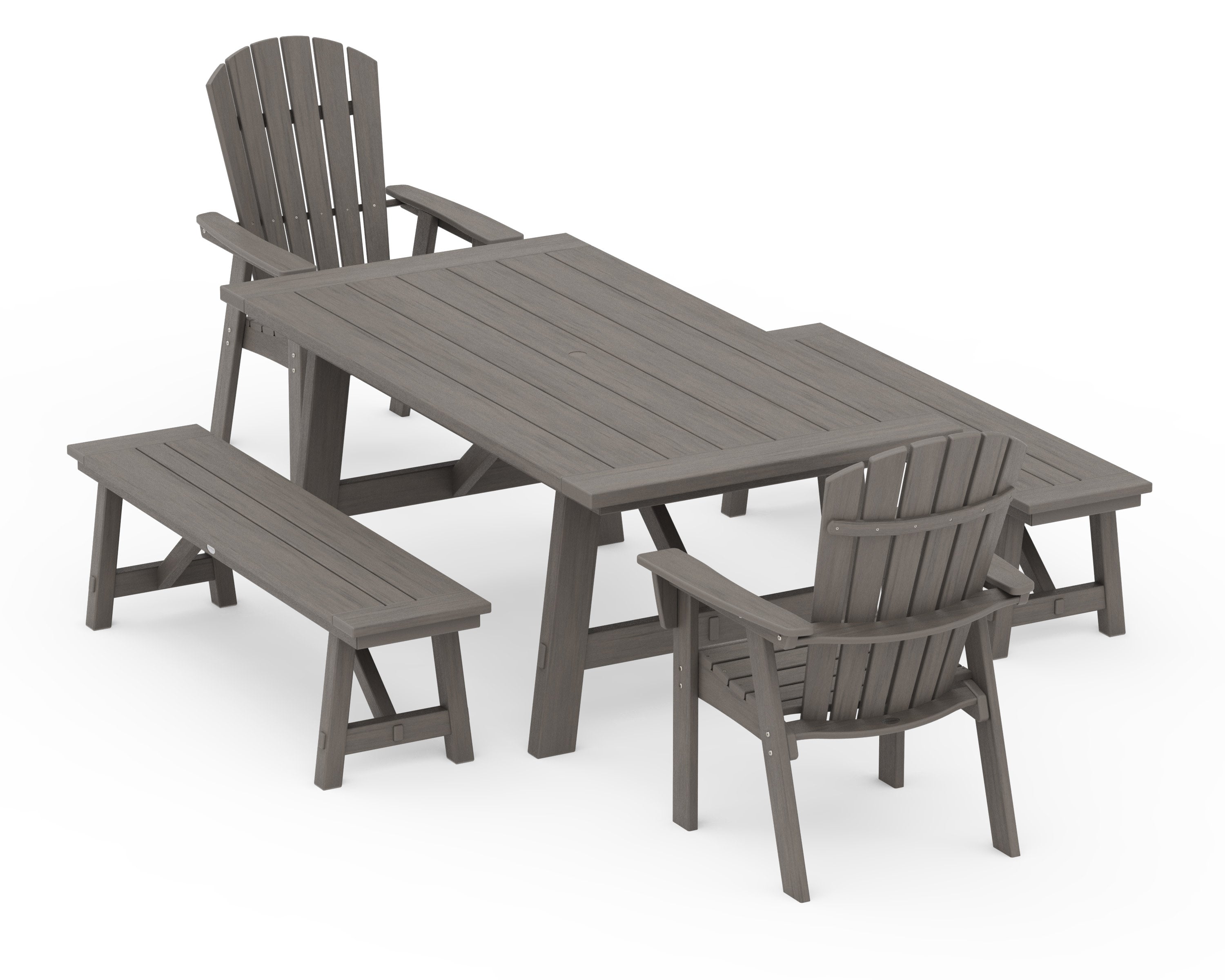 Nautical Curveback Adirondack 5-Piece Rustic Farmhouse Dining Set With Benches in Driftwood