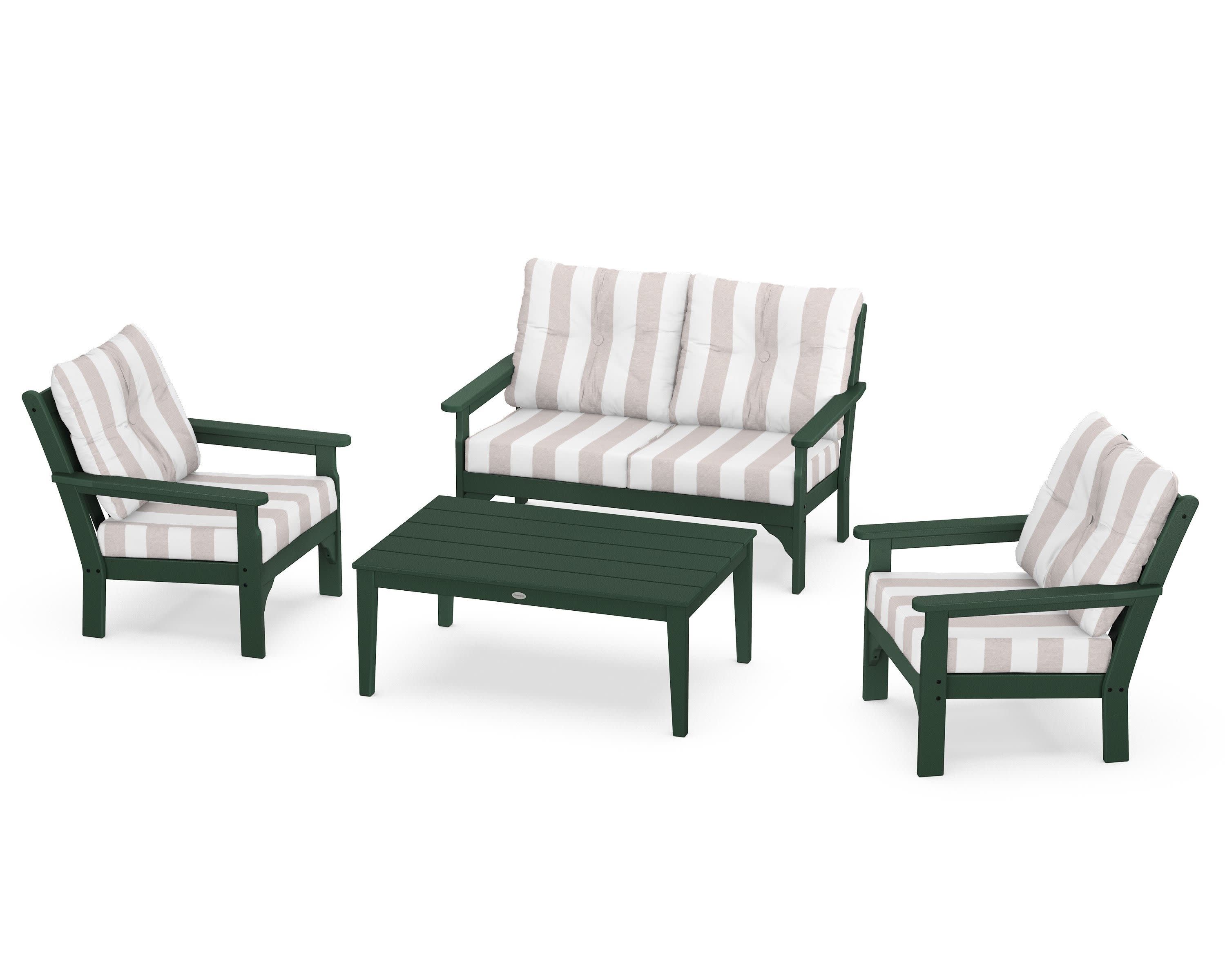 Vineyard 4-Piece Deep Seating Set in Green / Cabana Stripe Dune Burlap
