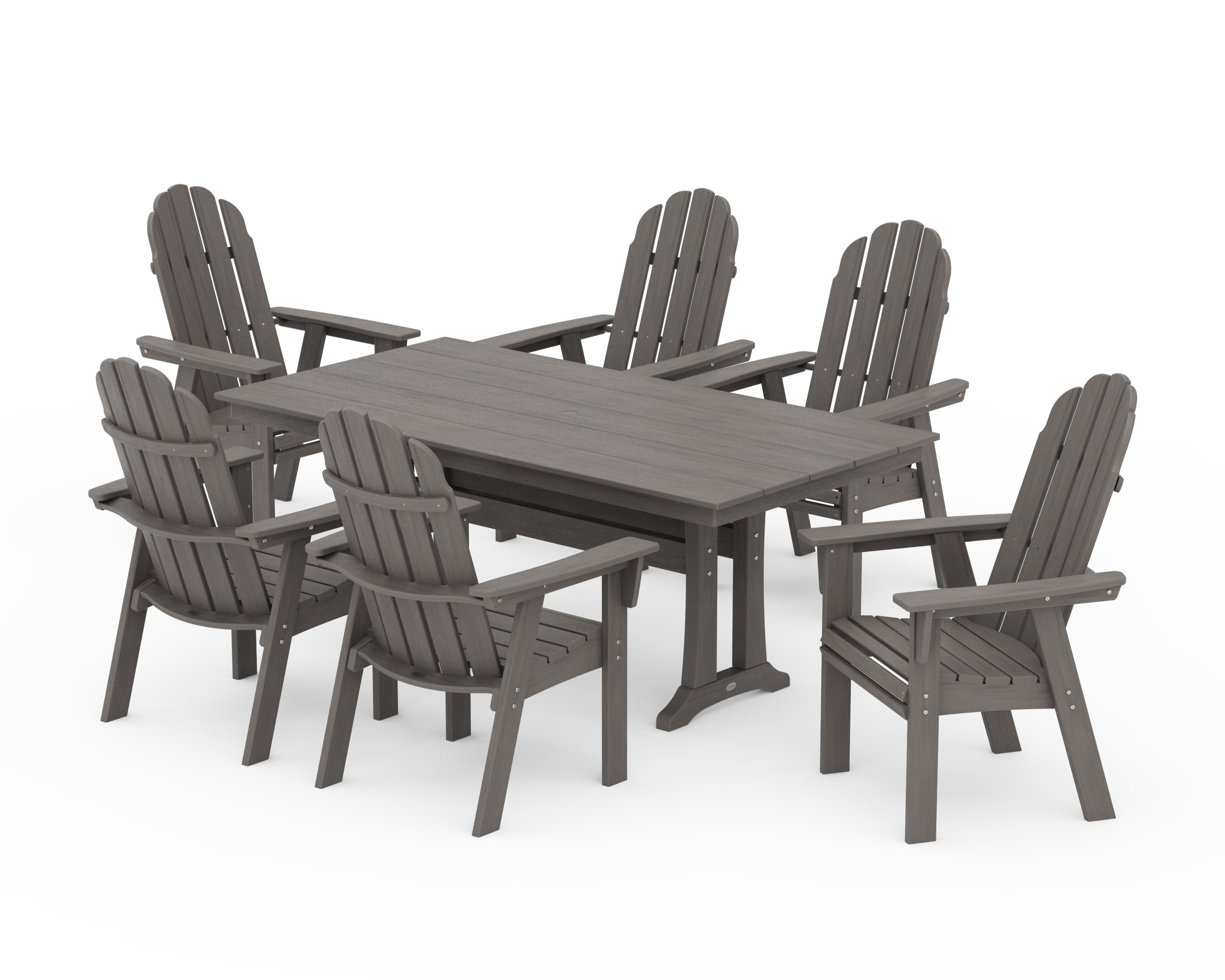 Vineyard Curveback Adirondack Chair 7-Piece Farmhouse Dining Set with Trestle Legs in Driftwood