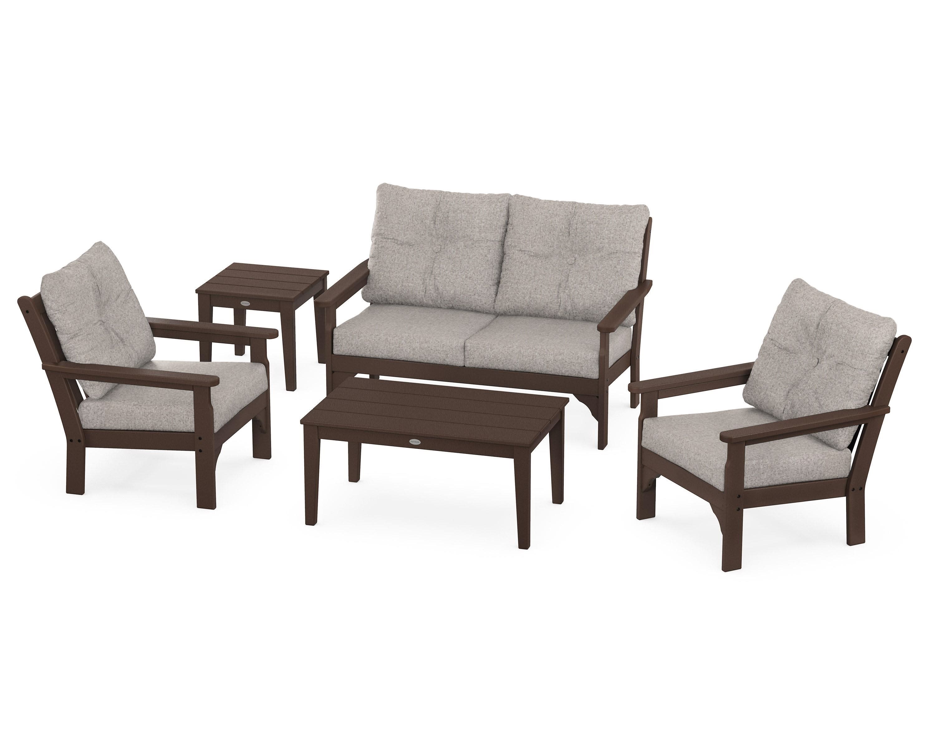 Vineyard 5-Piece Deep Seating Set in Mahogany / Weathered Tweed