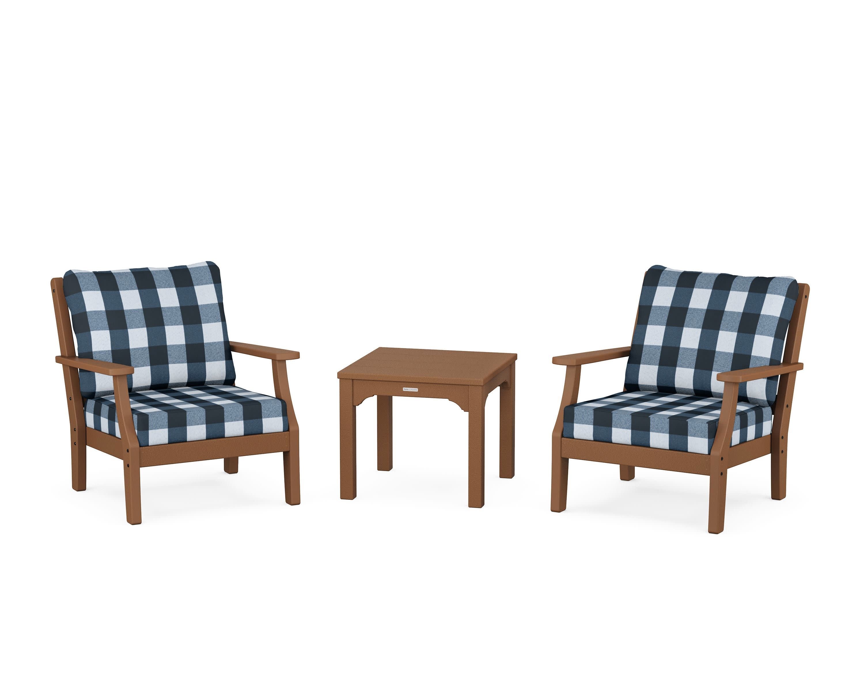 Chinoiserie 3-Piece Deep Seating Set in Teak / Buffalo Plaid Marine Indigo