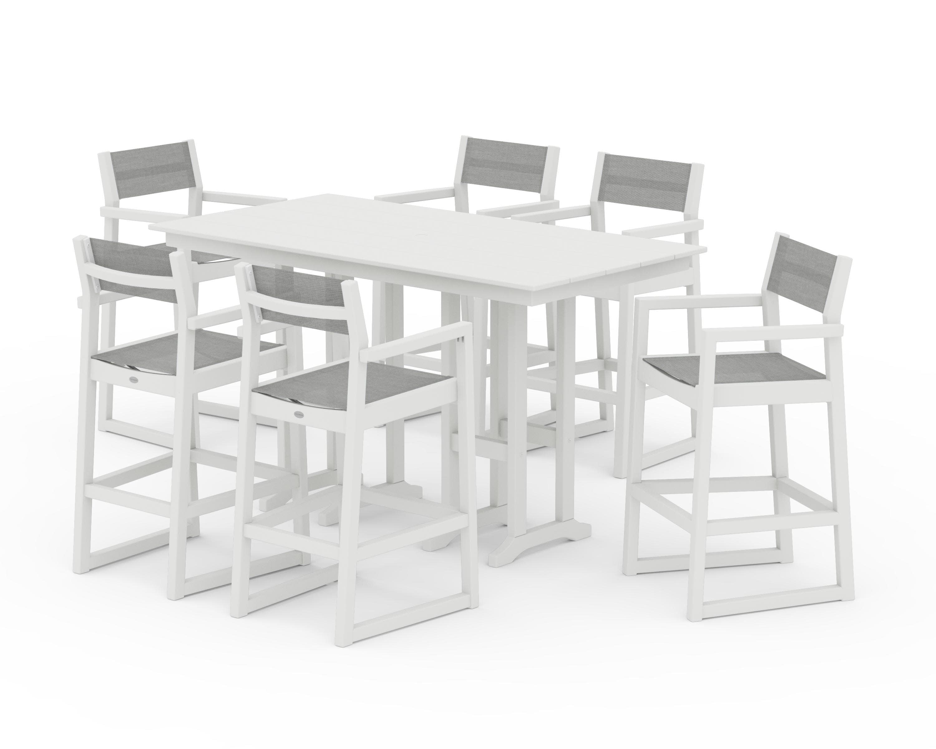 EDGE Sling Arm Chair 7-Piece Farmhouse Bar Set in Vintage White / Metallic Sling