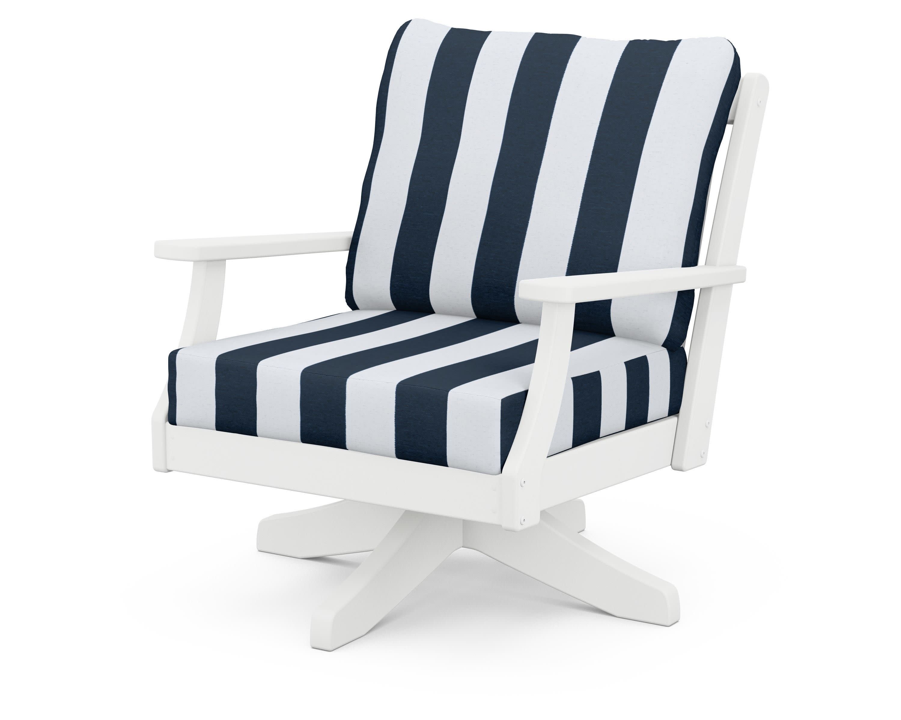 Braxton Deep Seating Swivel Chair in White / Cabana Stripe Marine Indigo