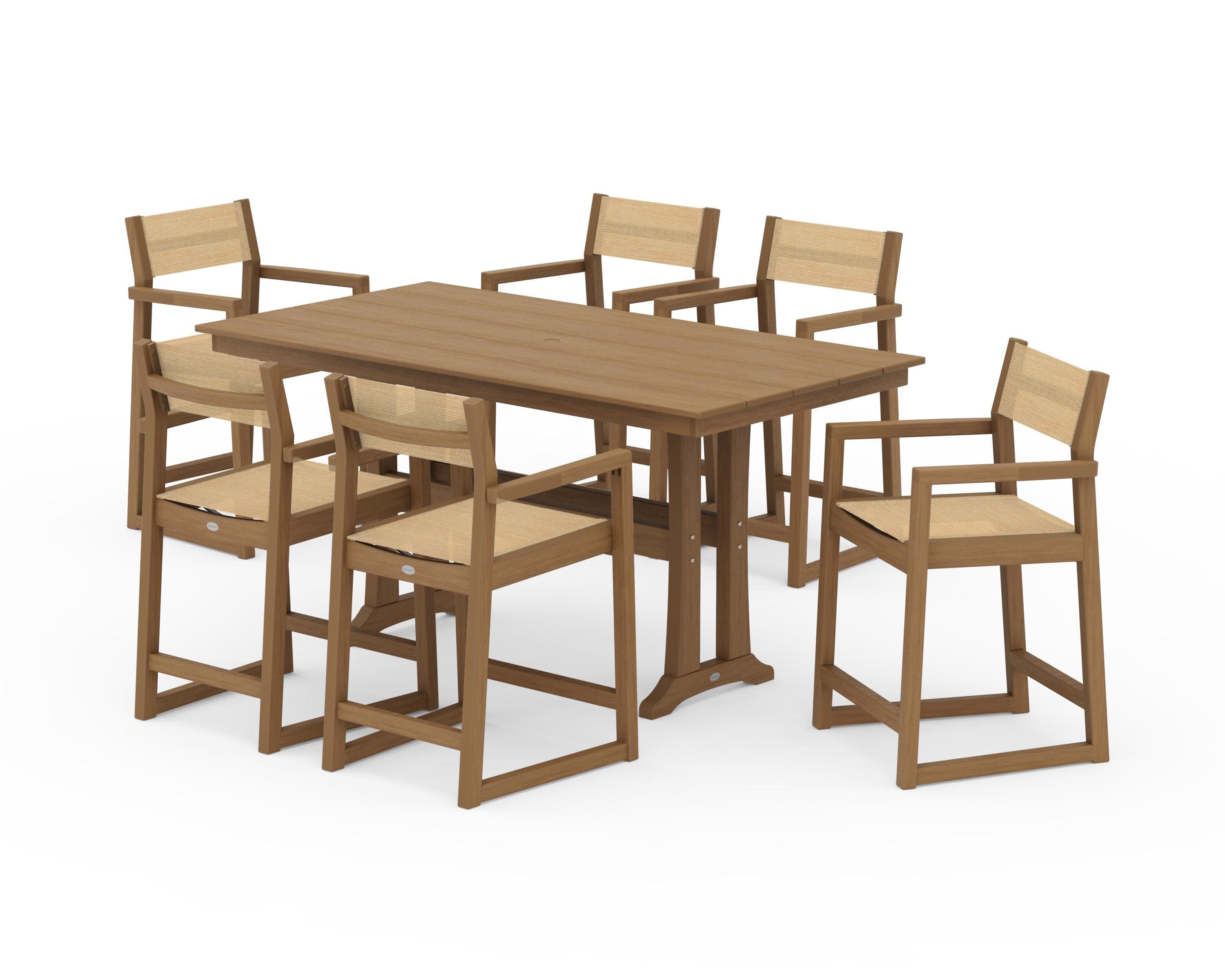 EDGE Sling Arm Chair 7-Piece Farmhouse Counter Set with Trestle Legs in Natural / Dupioni Apricot Sling