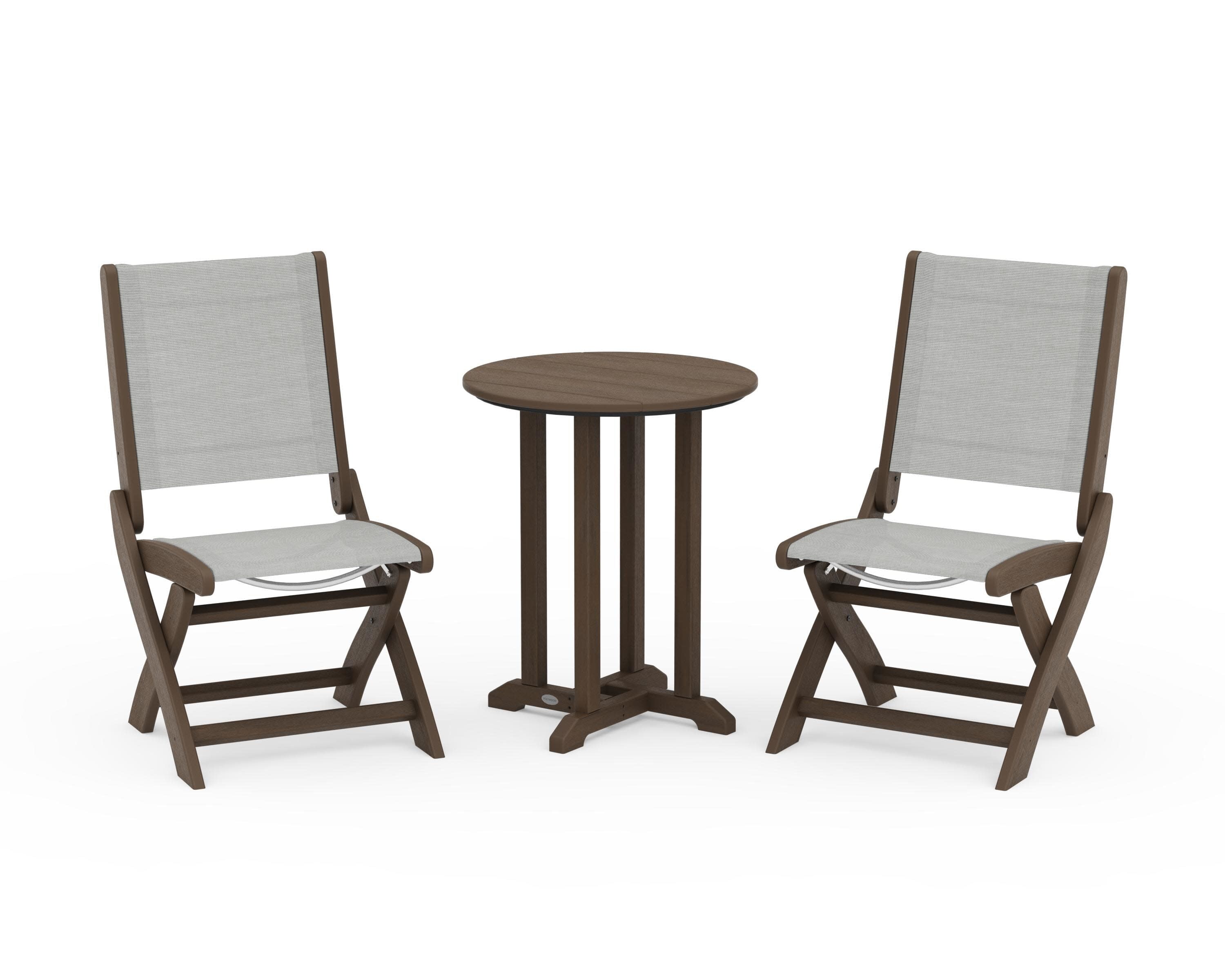 Coastal Folding Side Chair 3-Piece Round Bistro Dining Set in Kona / Metallic Sling