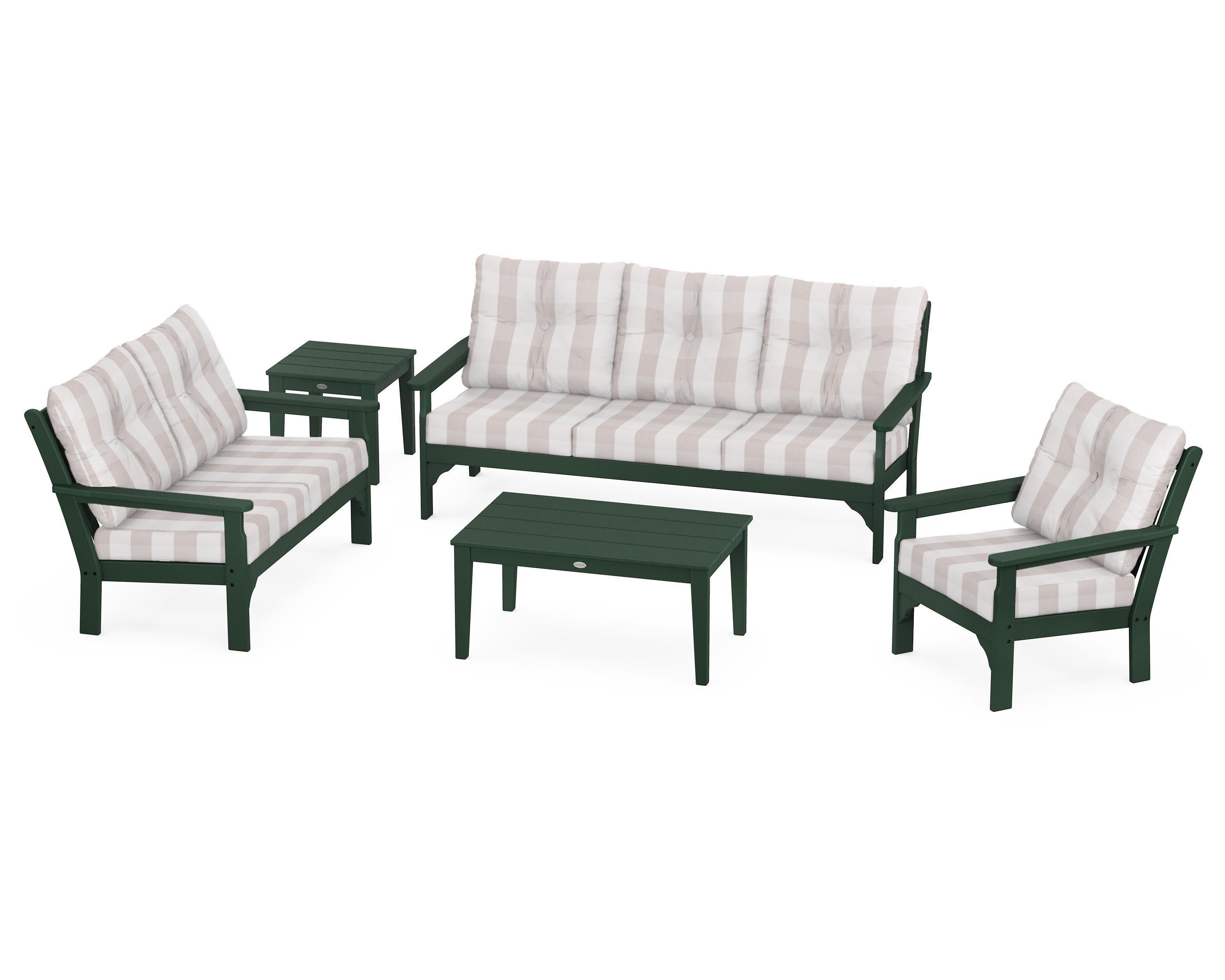 Vineyard 5 Piece Deep Seating Set in Green / Buffalo Plaid Dune Burlap