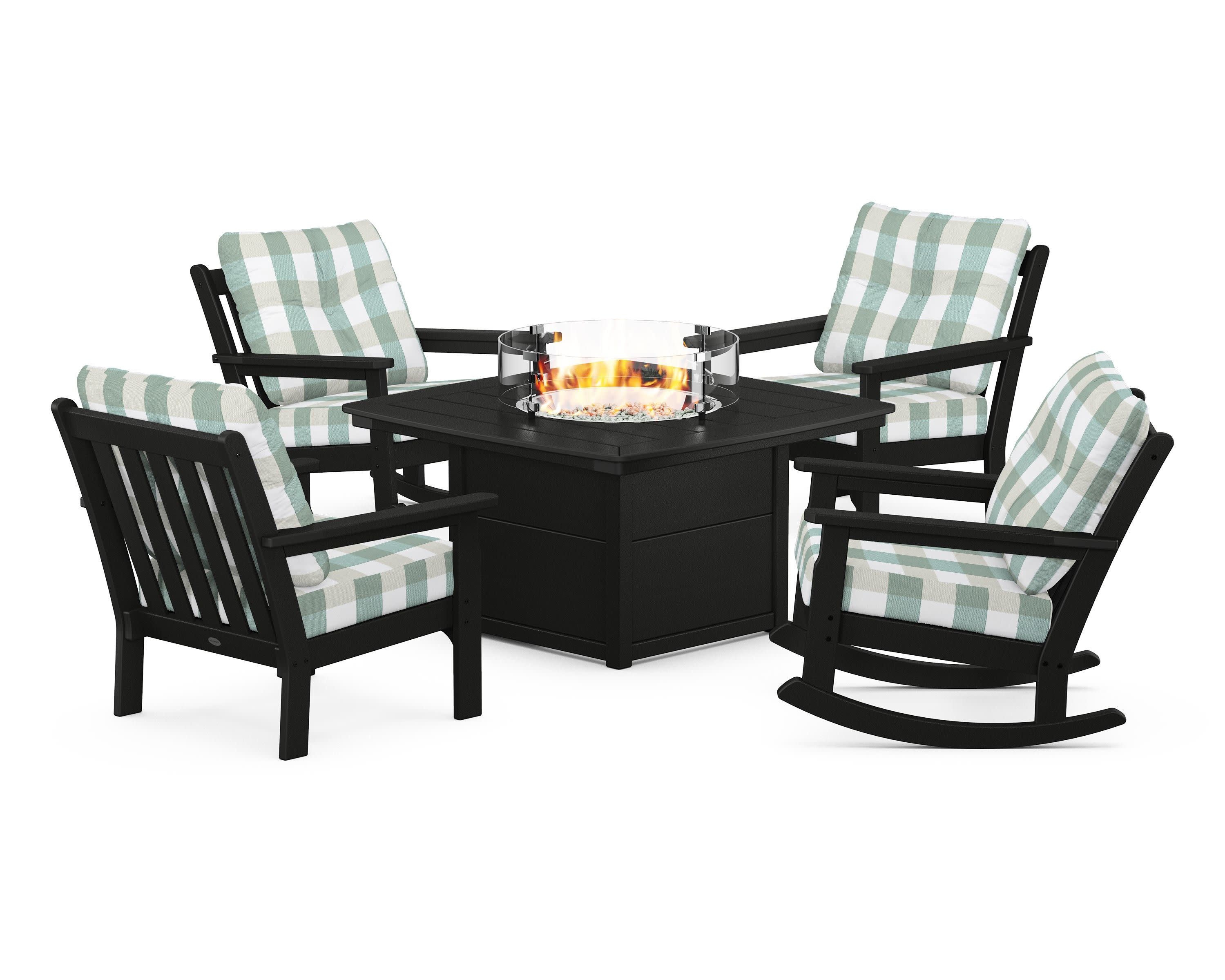 Vineyard 5-Piece Deep Seating Rocking Chair Conversation Set with Fire Pit Table in Black / Buffalo Plaid Glacier Spa