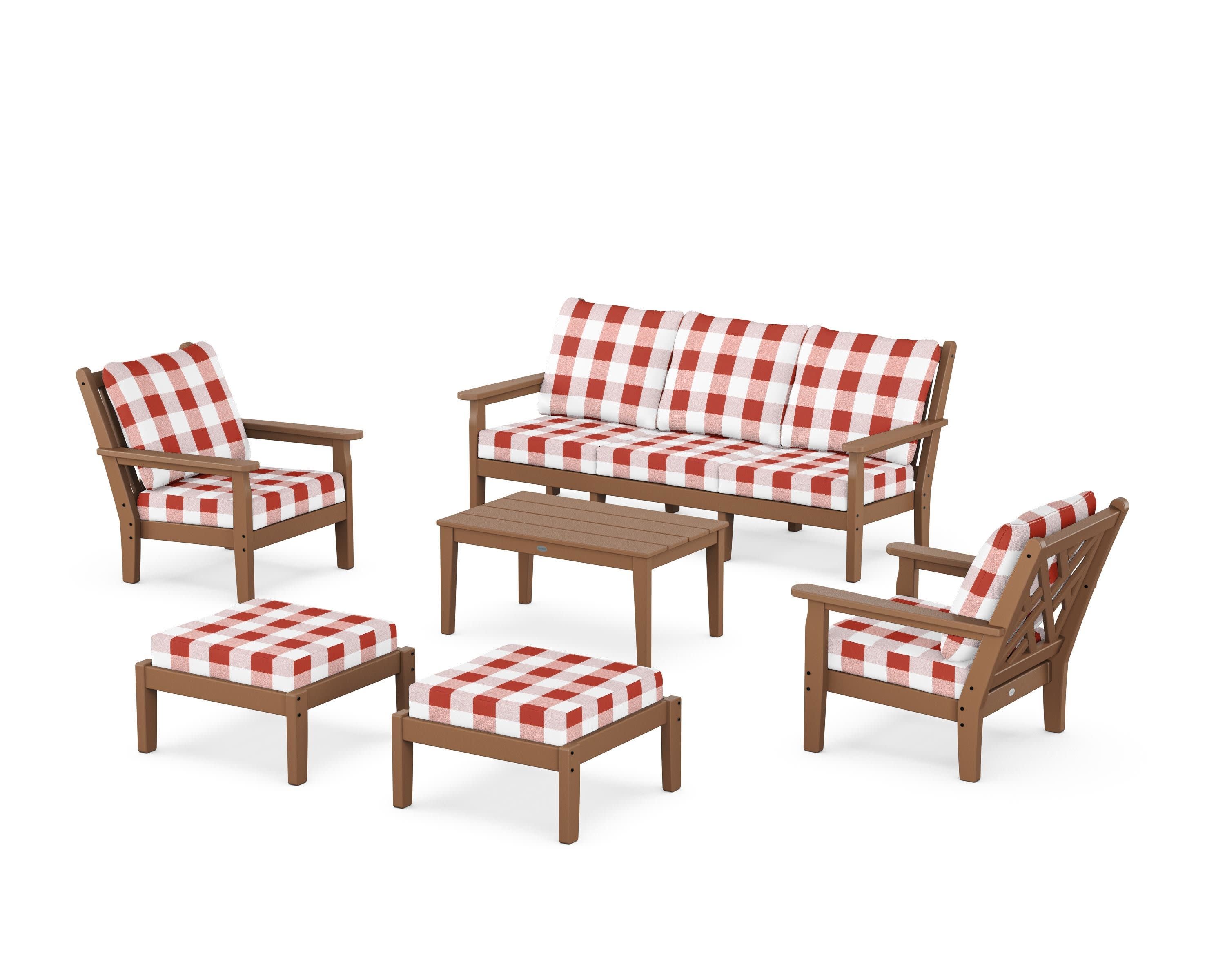 Chippendale 6-Piece Lounge Sofa Set in Teak / Buffalo Plaid Crimson