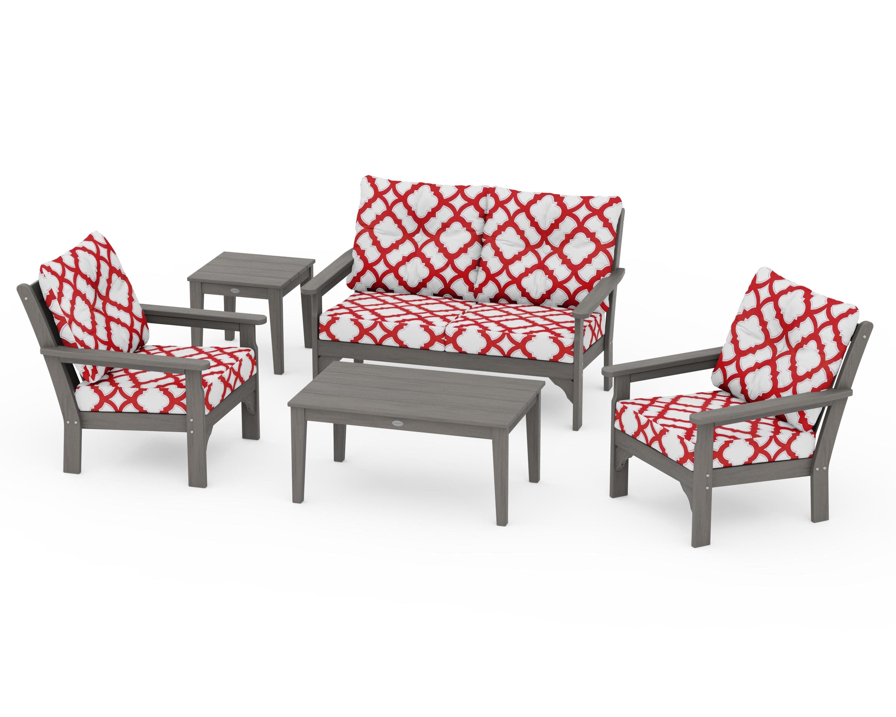 Vineyard 5-Piece Deep Seating Set in Driftwood / Trellis Crimson