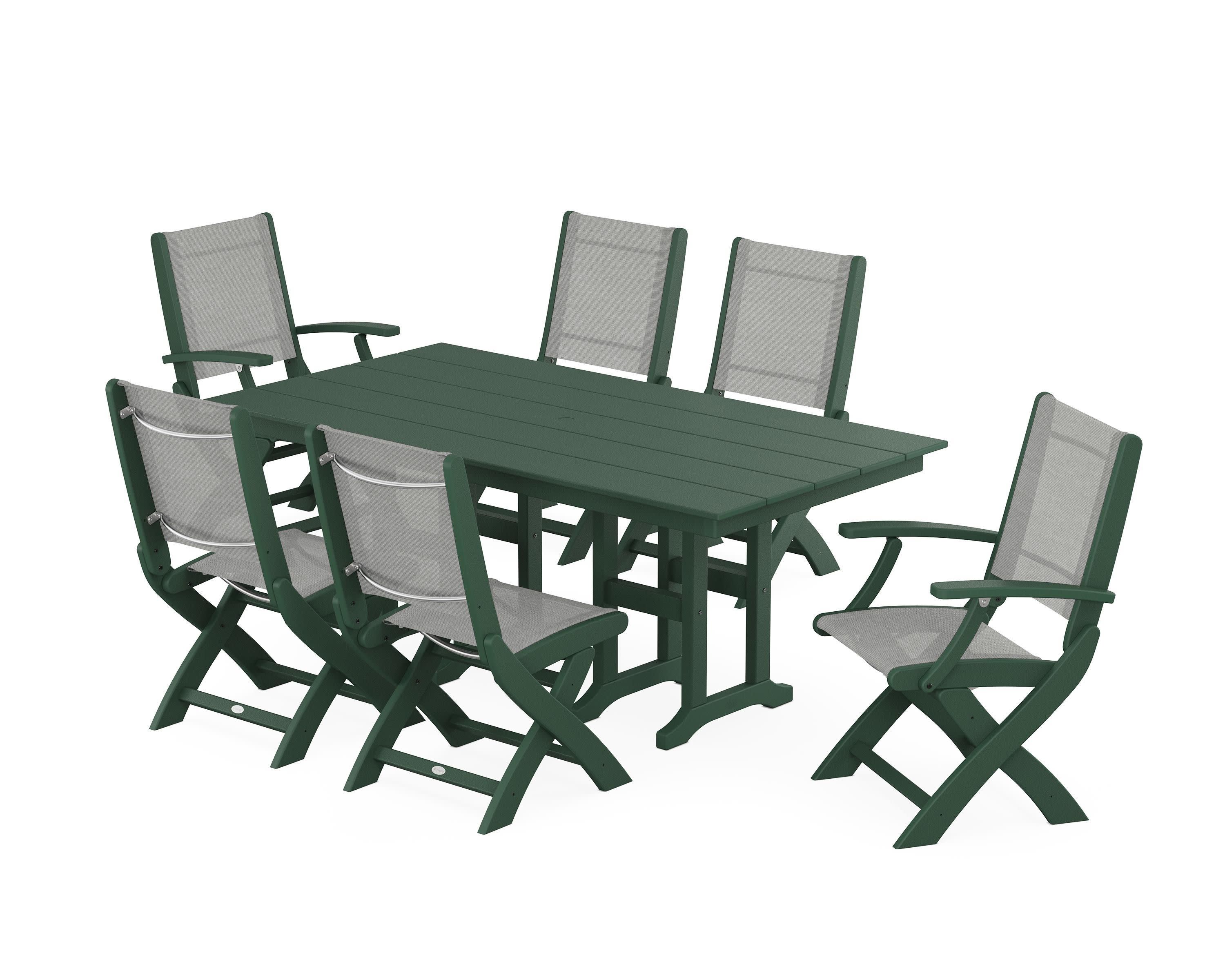 Coastal Folding Chair 7-Piece Farmhouse Dining Set in Green / Metallic Sling