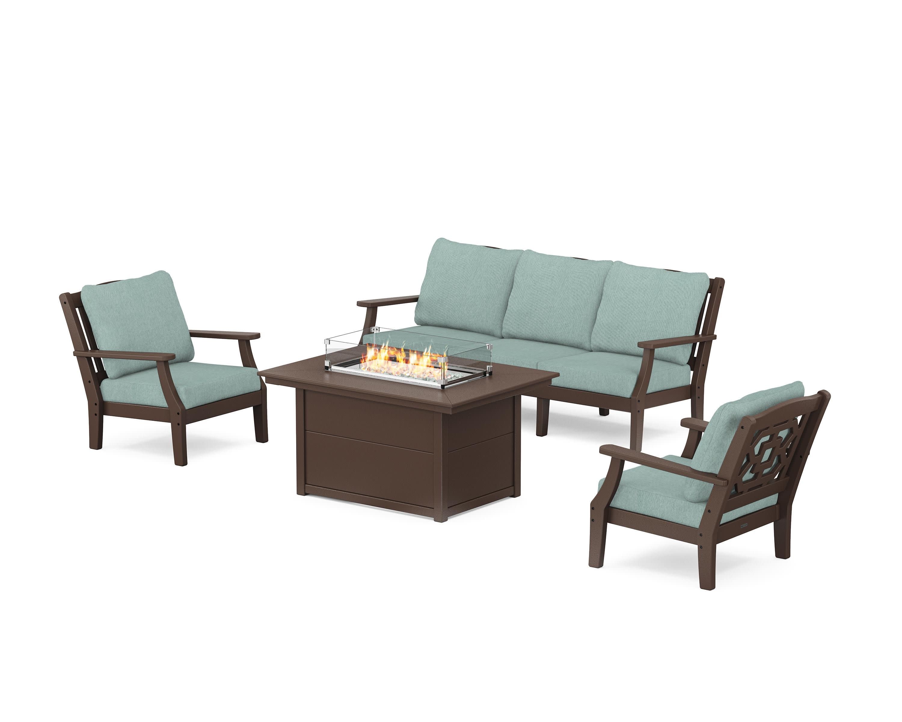 Chinoiserie Deep Seating Fire Pit Table Set in Mahogany / Glacier Spa