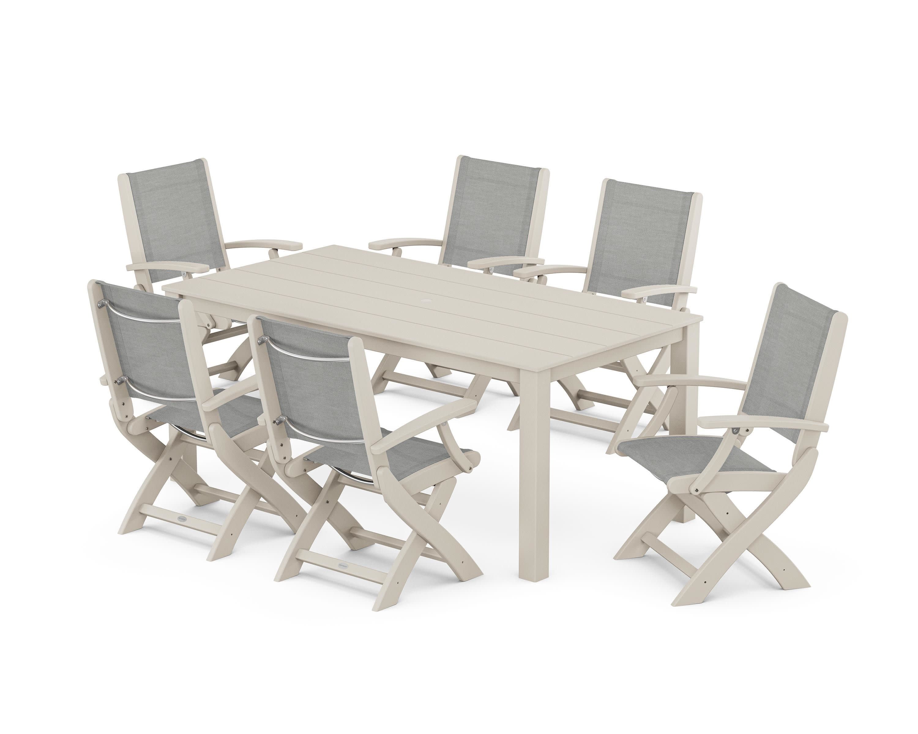 Coastal Folding Chair 7-Piece Parsons Dining Set in Sand / Metallic Sling