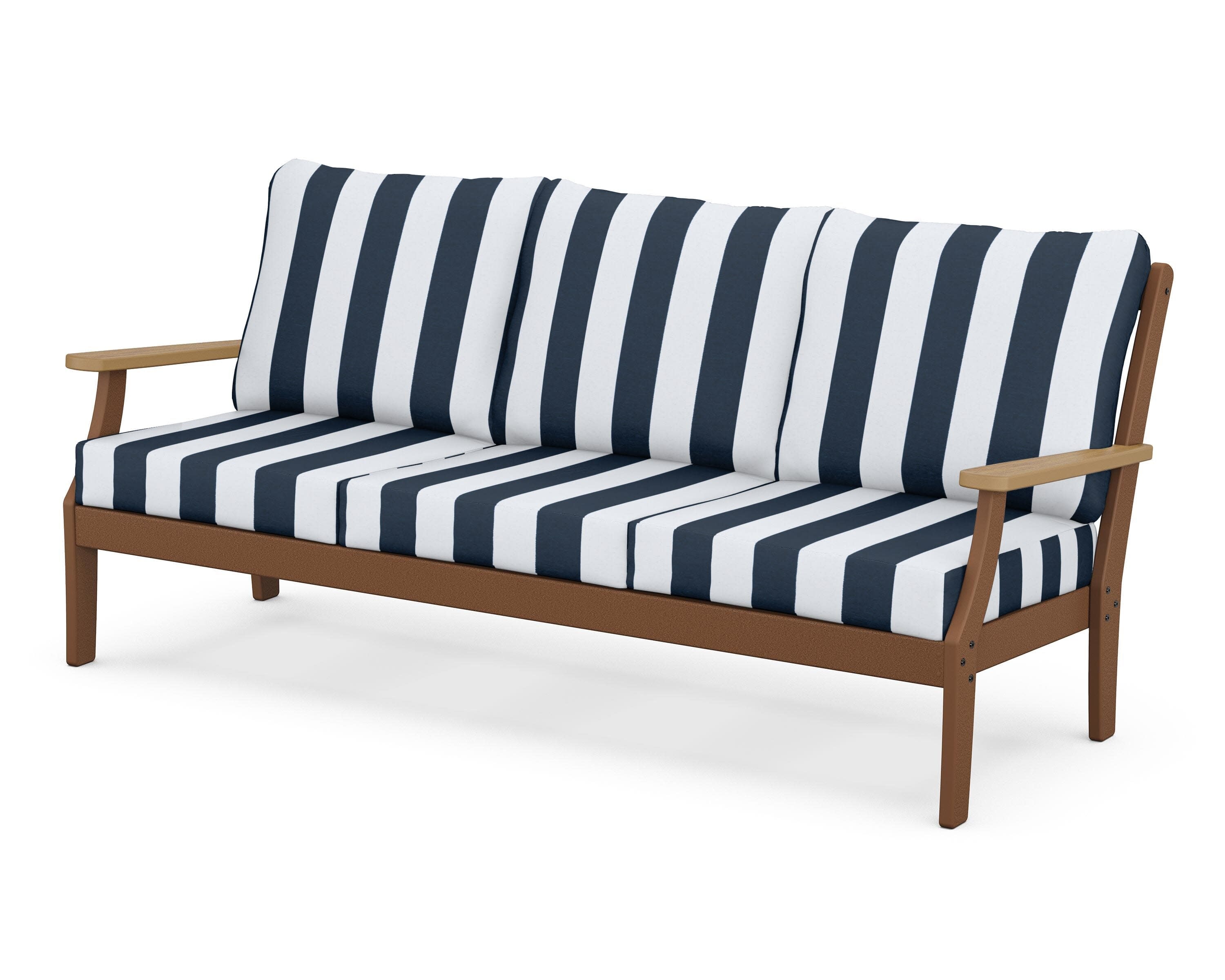 Braxton Deep Seating Sofa in Teak / Natural / Cabana Stripe Marine Indigo