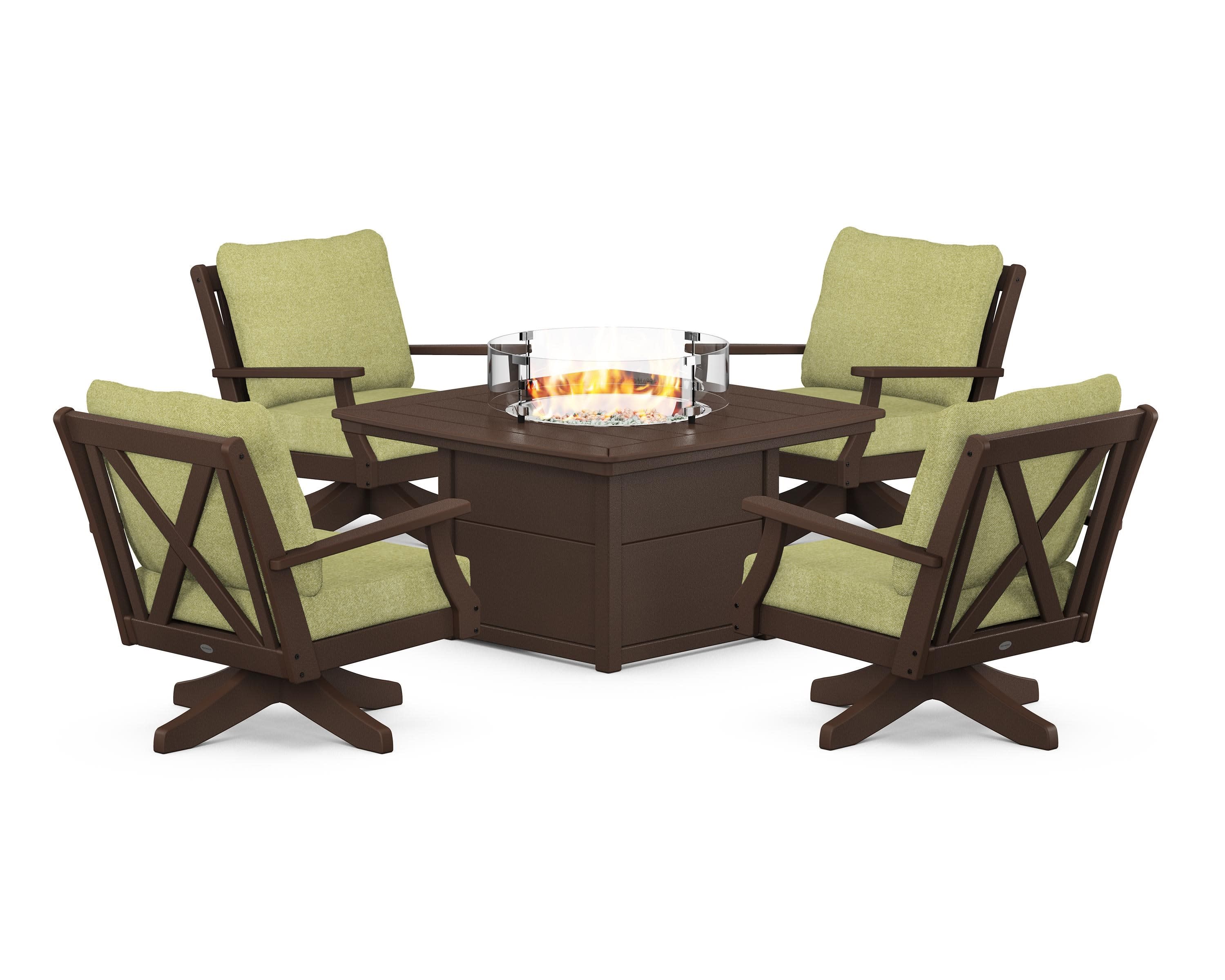 Braxton 5-Piece Deep Seating Swivel Conversation Set with Fire Pit Table in Mahogany / Chartreuse Boucle