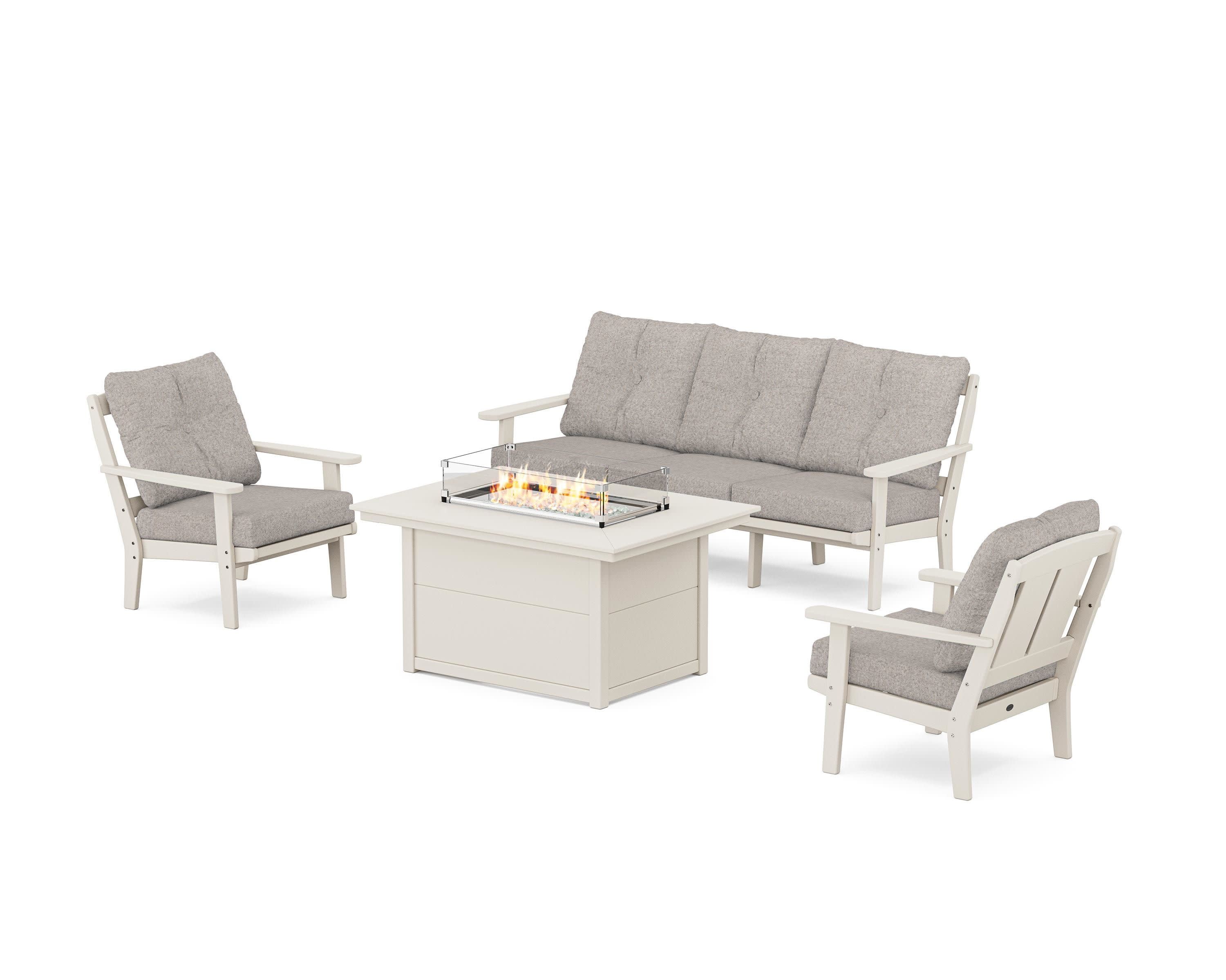 Mission Deep Seating Fire Pit Table Set in Sand / Weathered Tweed