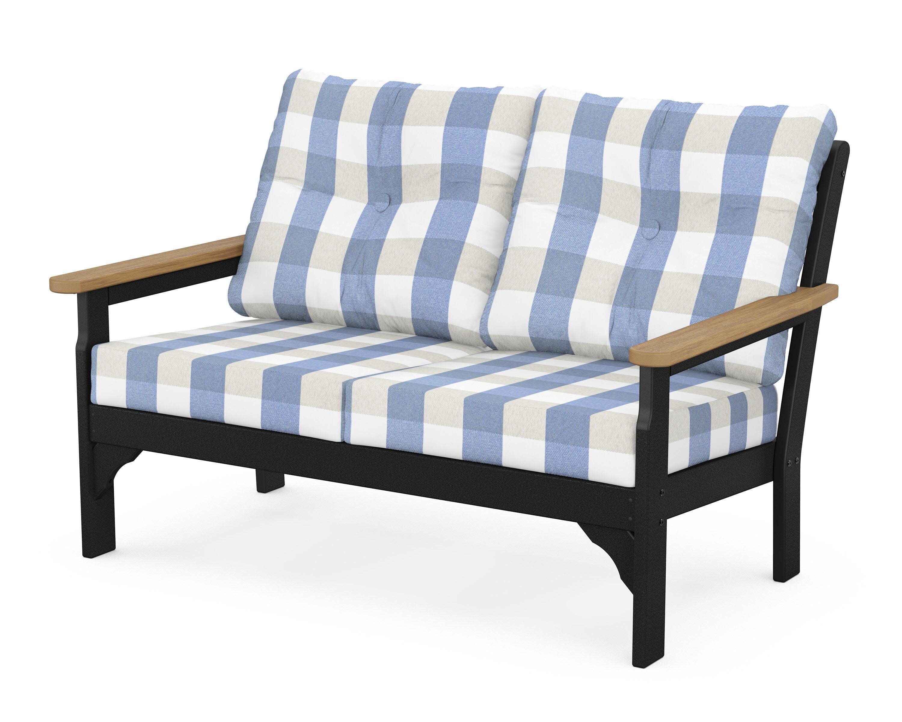 Vineyard Deep Seating Loveseat in Black / Natural / Buffalo Plaid Sky Blue