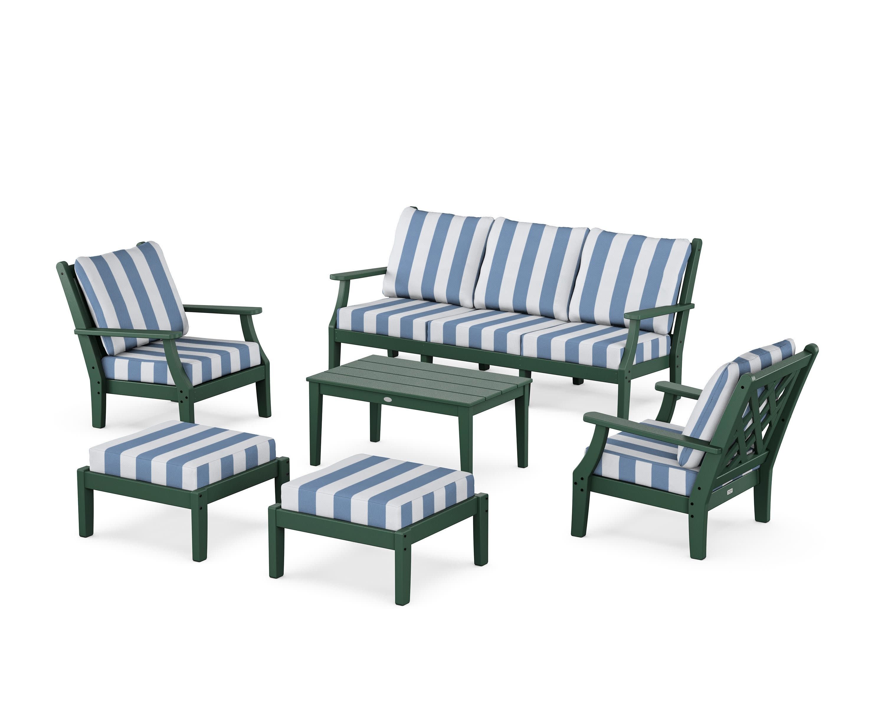 Wovendale 6-Piece Lounge Sofa Set in Green / Cabana Stripe Sky Blue