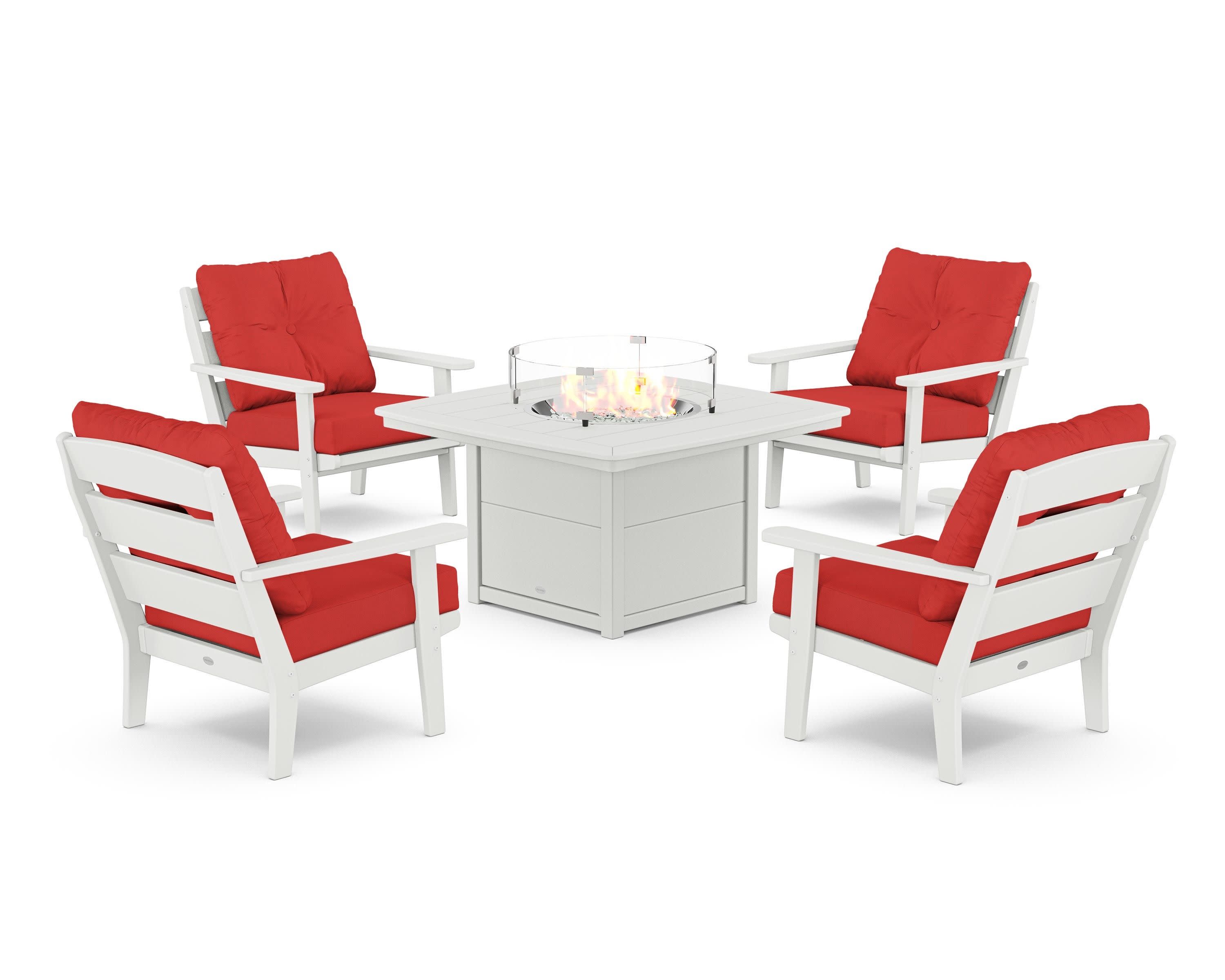 Lakeside 5-Piece Deep Seating Set with Nautical Fire Pit Table in White / Crimson Linen