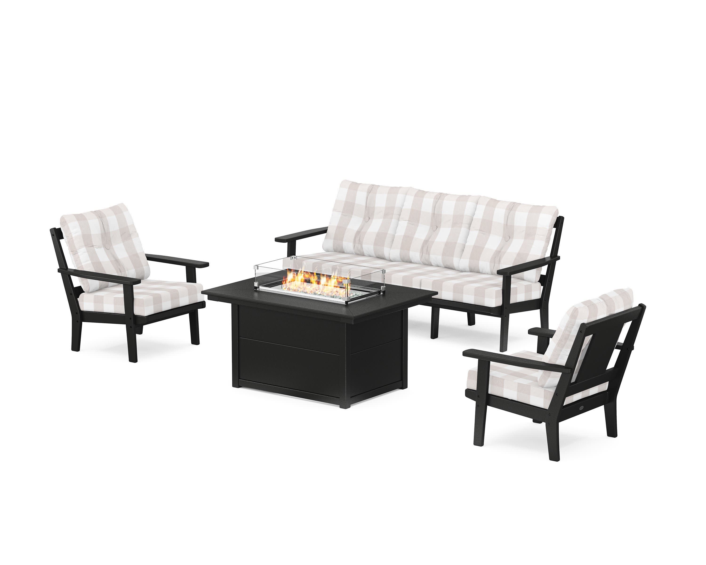 Prairie Deep Seating Fire Pit Table Set in Black / Buffalo Plaid Dune Burlap