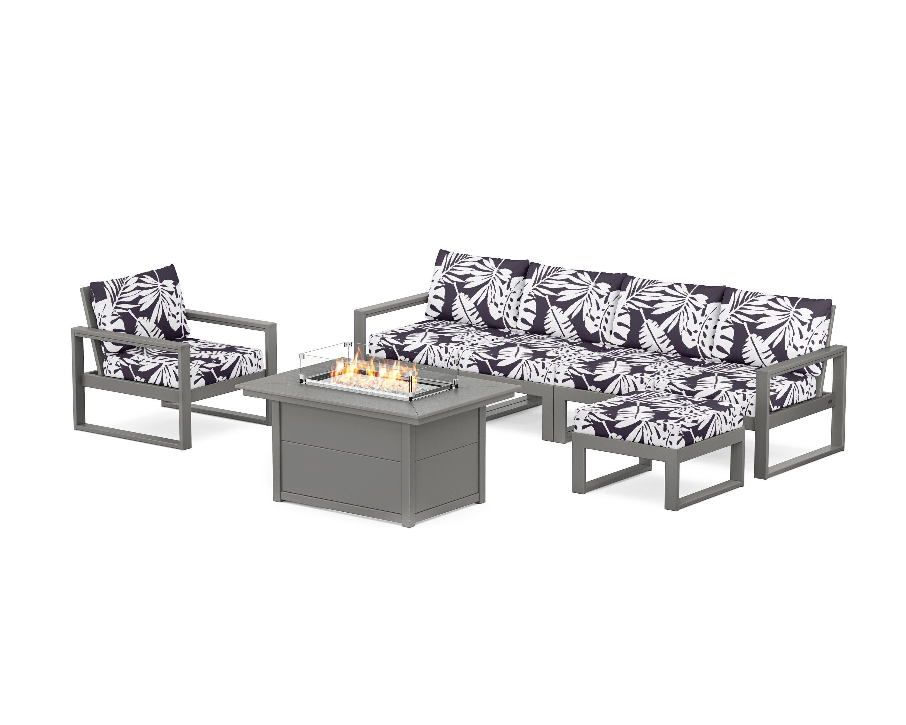 EDGE Sectional Lounge and Fire Pit Set in Slate Grey / Leaf Navy