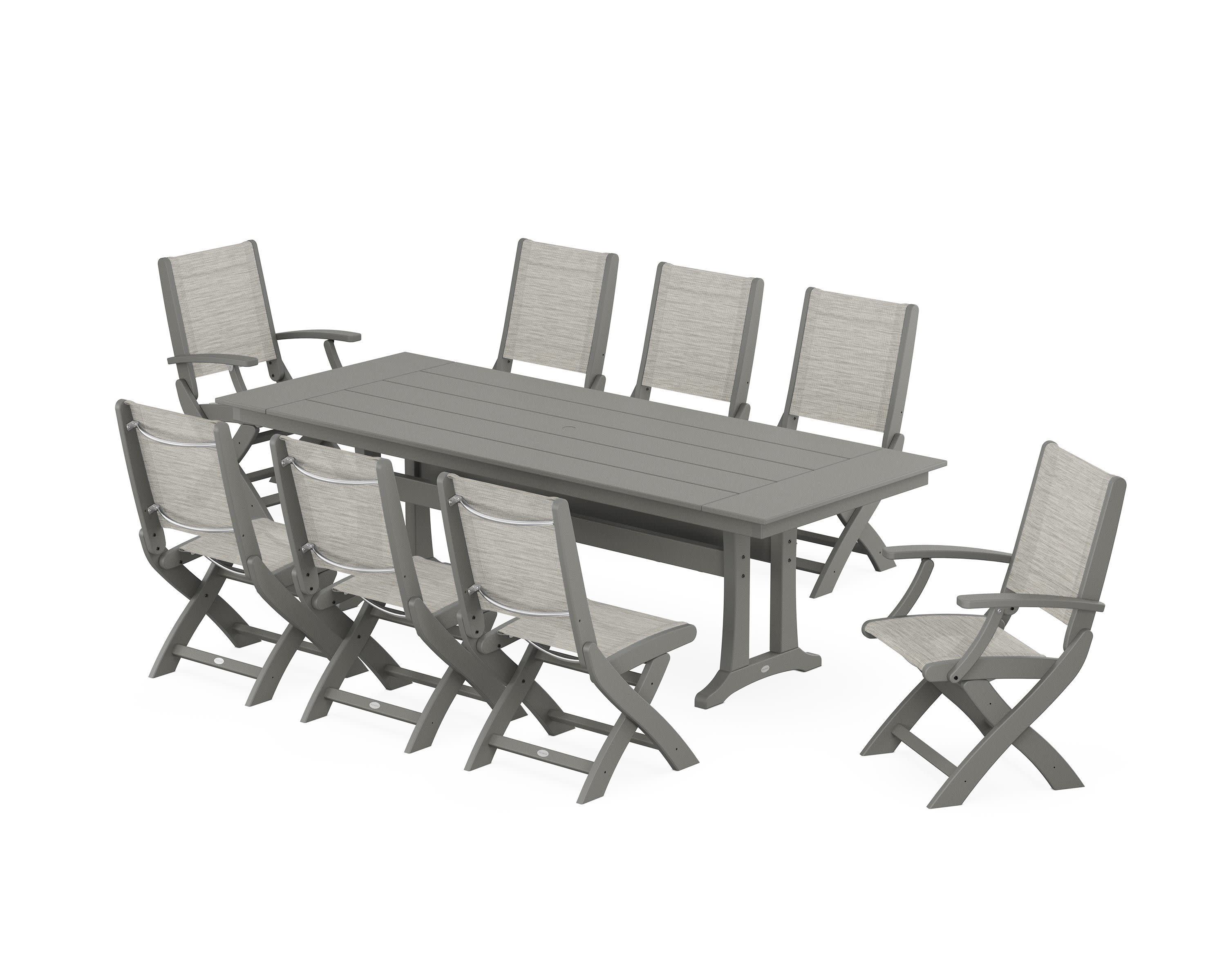 Coastal 9-Piece Folding Dining Chair Farmhouse Dining Set with Trestle Legs in Slate Grey / Birch Sling