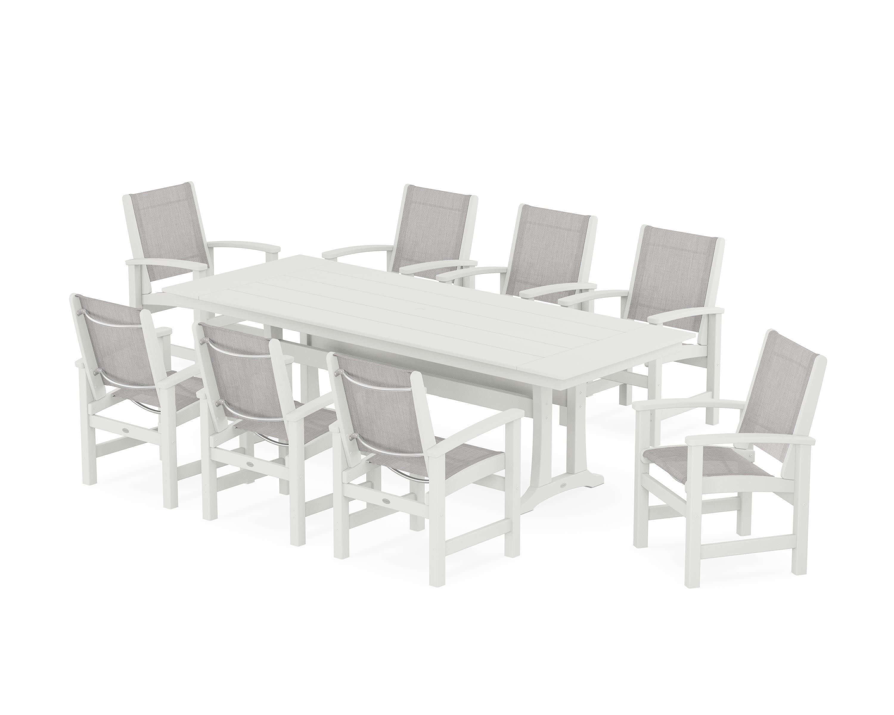 Coastal 9-Piece Farmhouse Dining Set with Trestle Legs in Vintage White / Parchment Sling