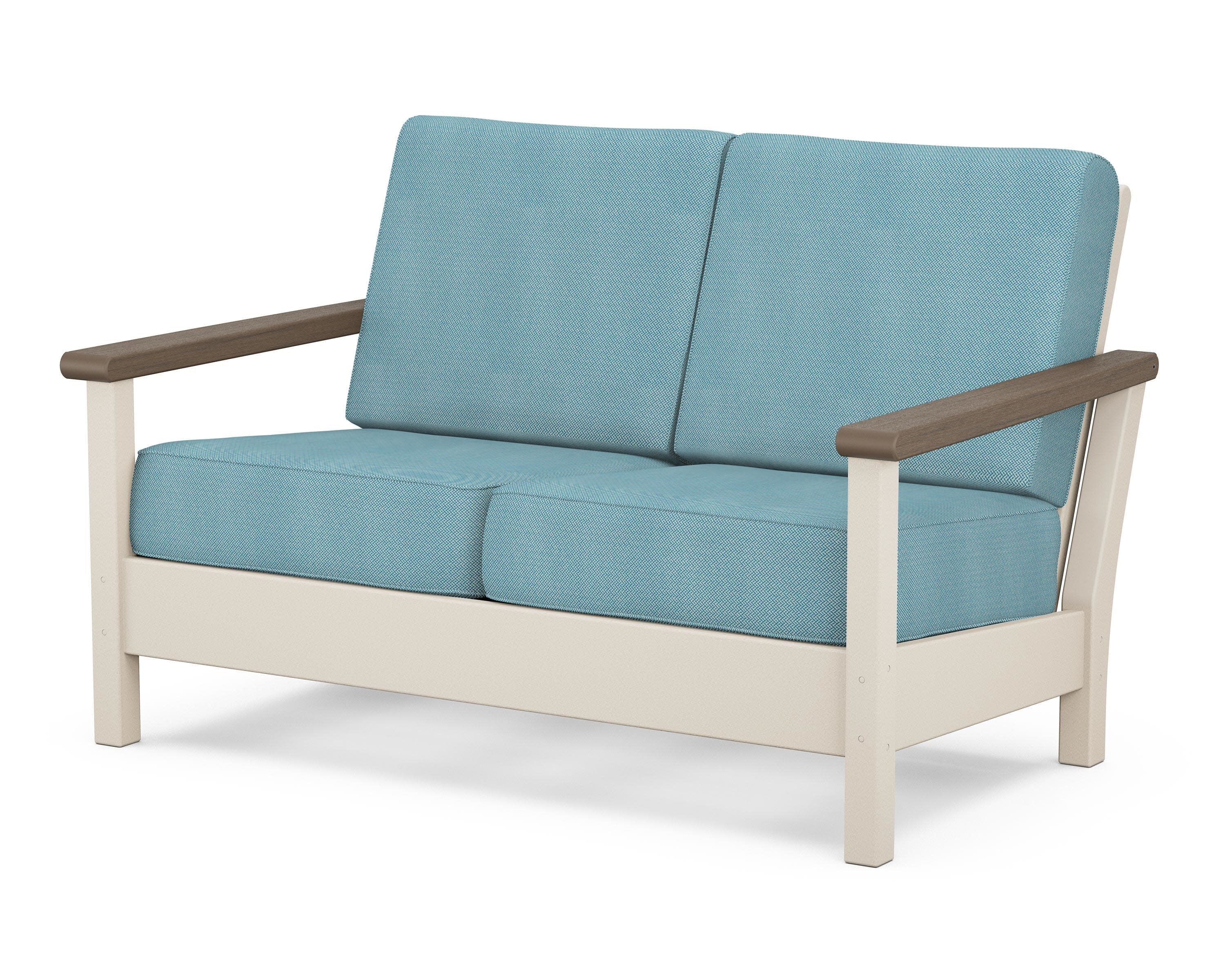 Harbour Deep Seating Loveseat in Sand / Kona / Lattice Sky Blue