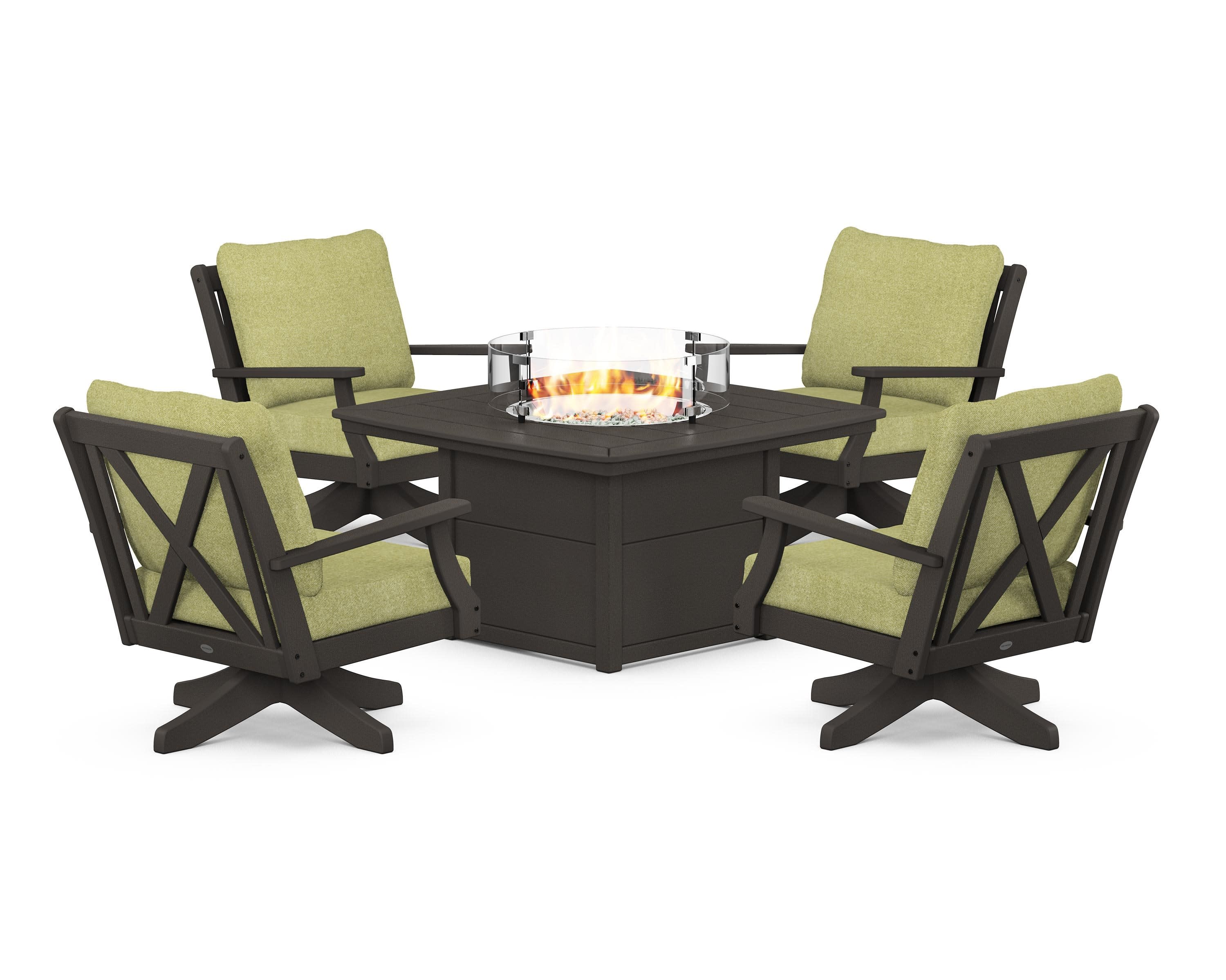 Braxton 5-Piece Deep Seating Swivel Conversation Set with Fire Pit Table in Vintage Coffee / Chartreuse Boucle