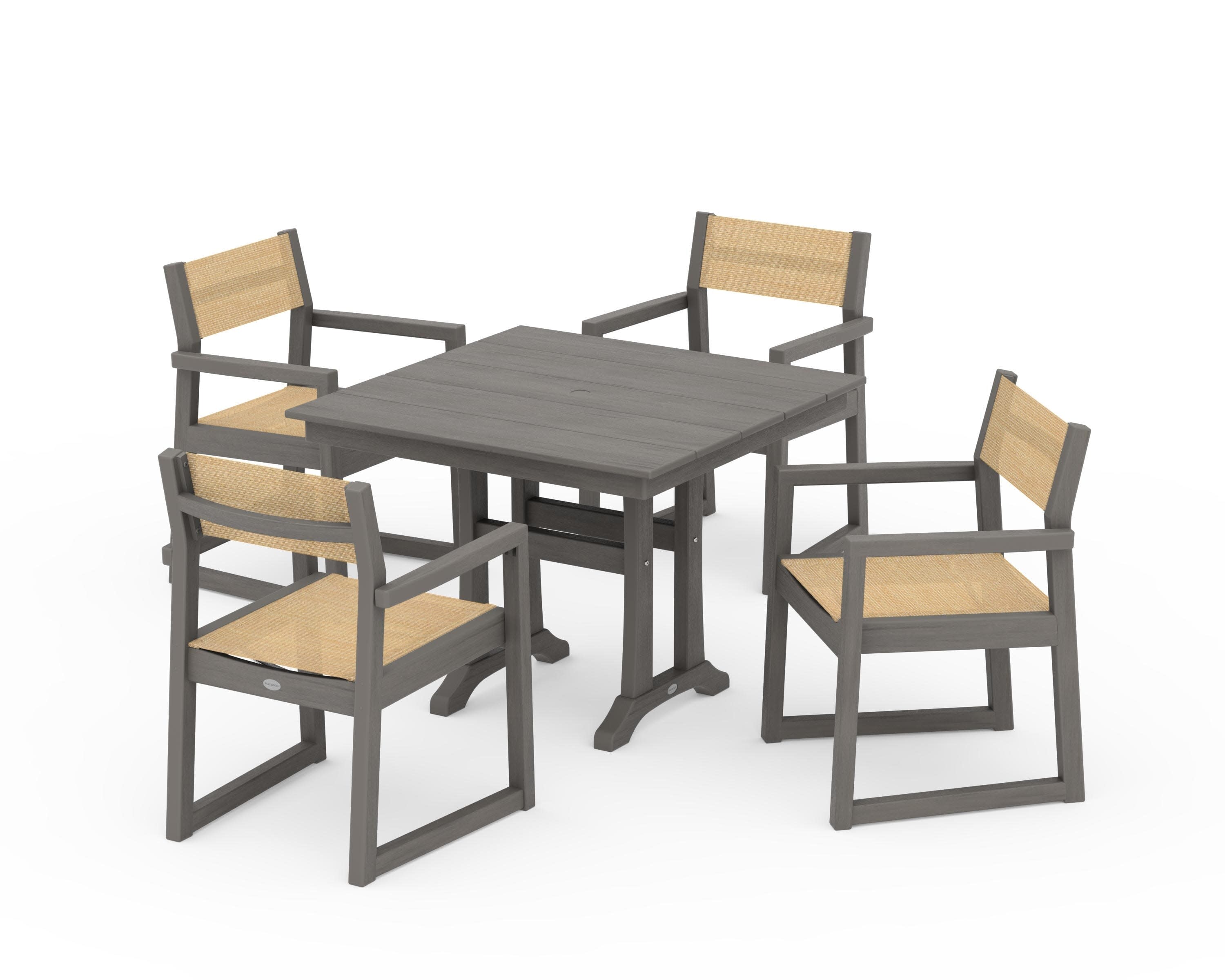 EDGE Sling 5-Piece Farmhouse Dining Set with Trestle Legs in Driftwood / Dupioni Apricot Sling