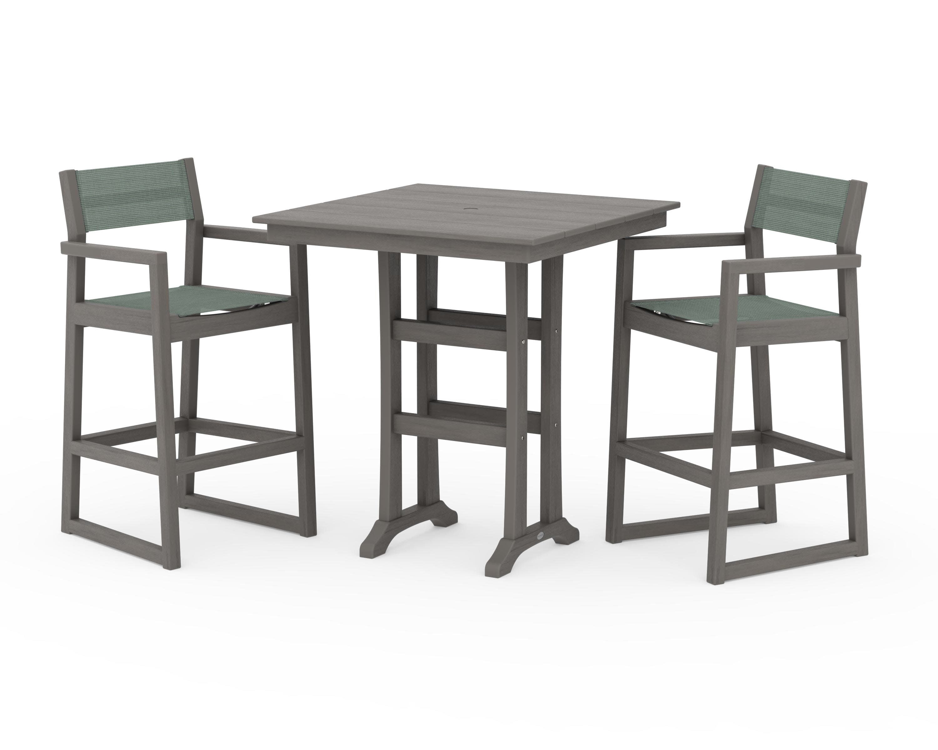 EDGE Sling Arm Chair 3-Piece Farmhouse Bar Set with Trestle Legs in Driftwood / Dupioni Sea Mist Sling