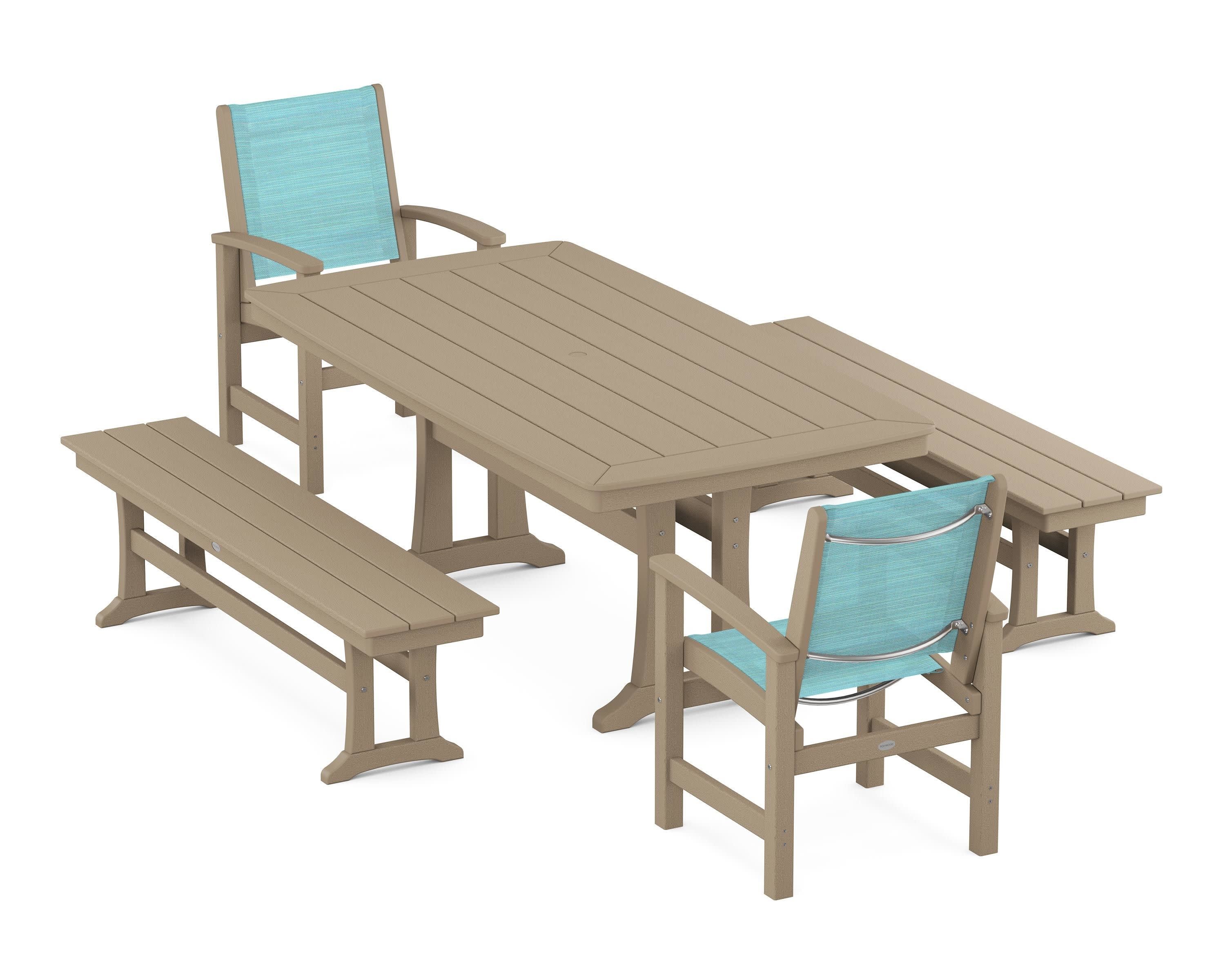 Coastal 5-Piece Dining Set with Trestle Legs and Benches in Vintage Sahara / Dupioni Aquamarine Sling